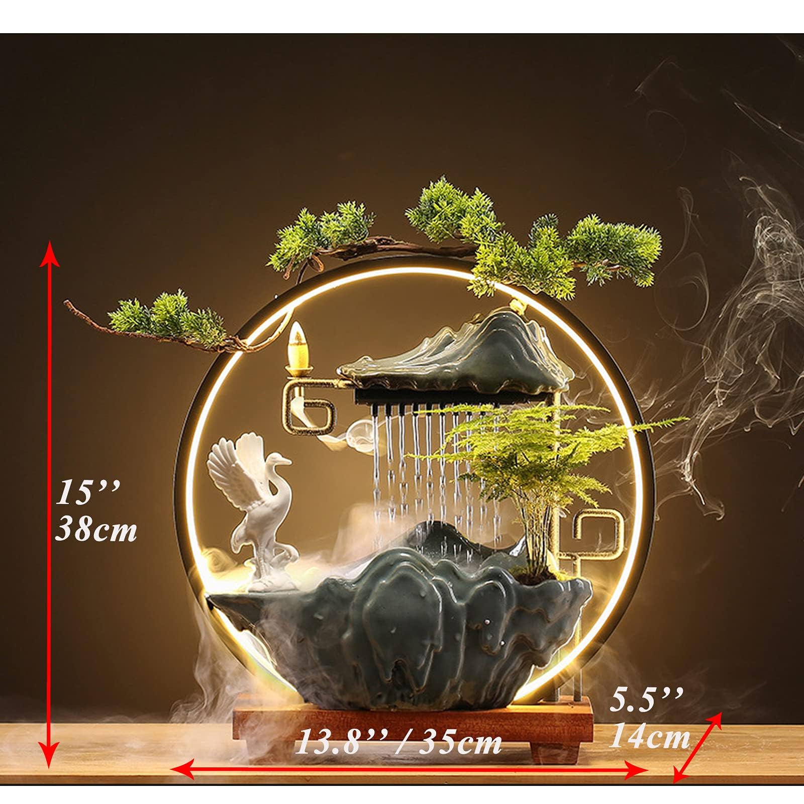 Fontaine à eau zen d'intérieur avec lumière LED et brume pour la méditation, décoration Feng Shui avec fausses plantes pour la détente à la maison