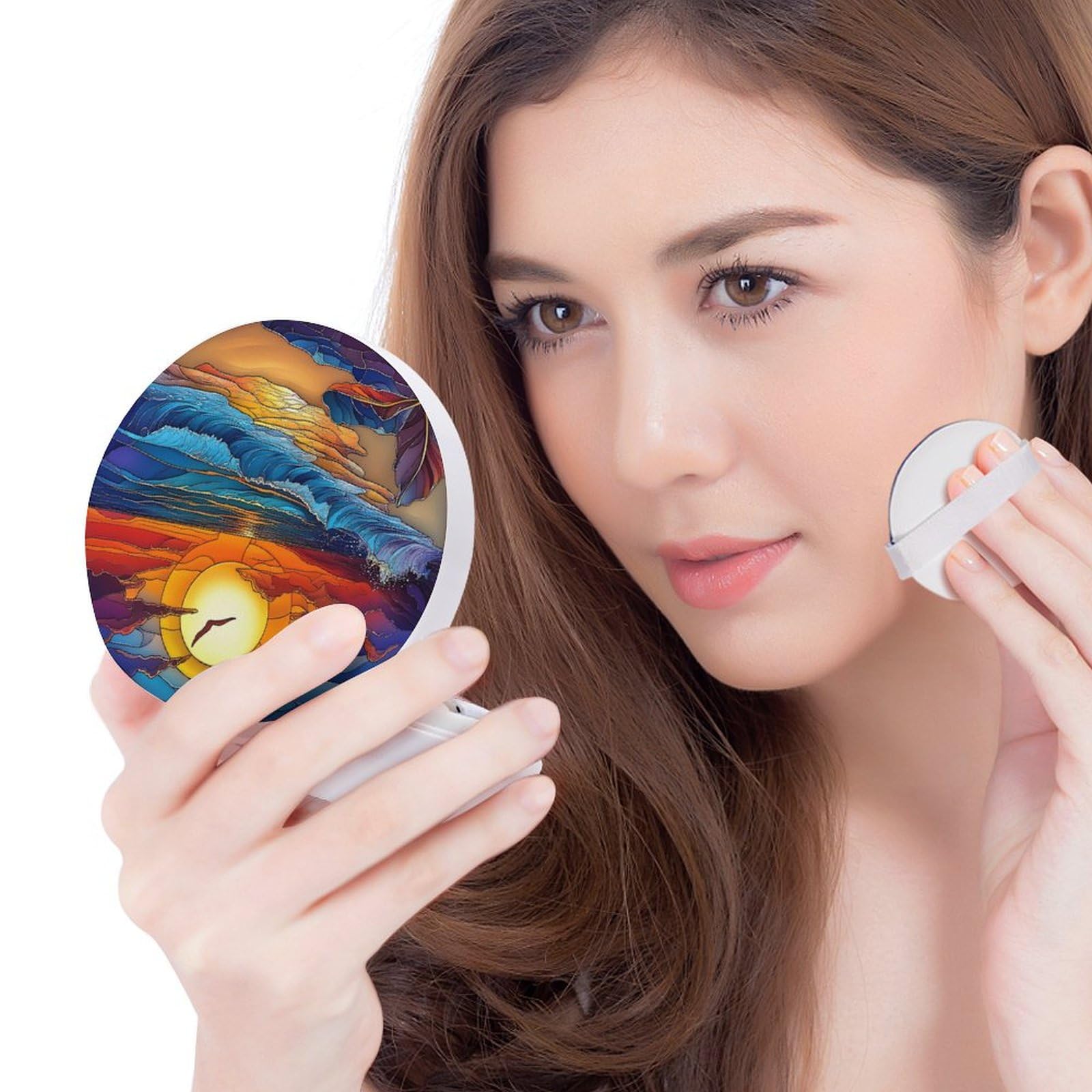 Hayyett Beach Sunset Stained Glass Air Cushion Puff Box Portable Cosmetic Makeup Case Container,Loose Powder Foundation Container