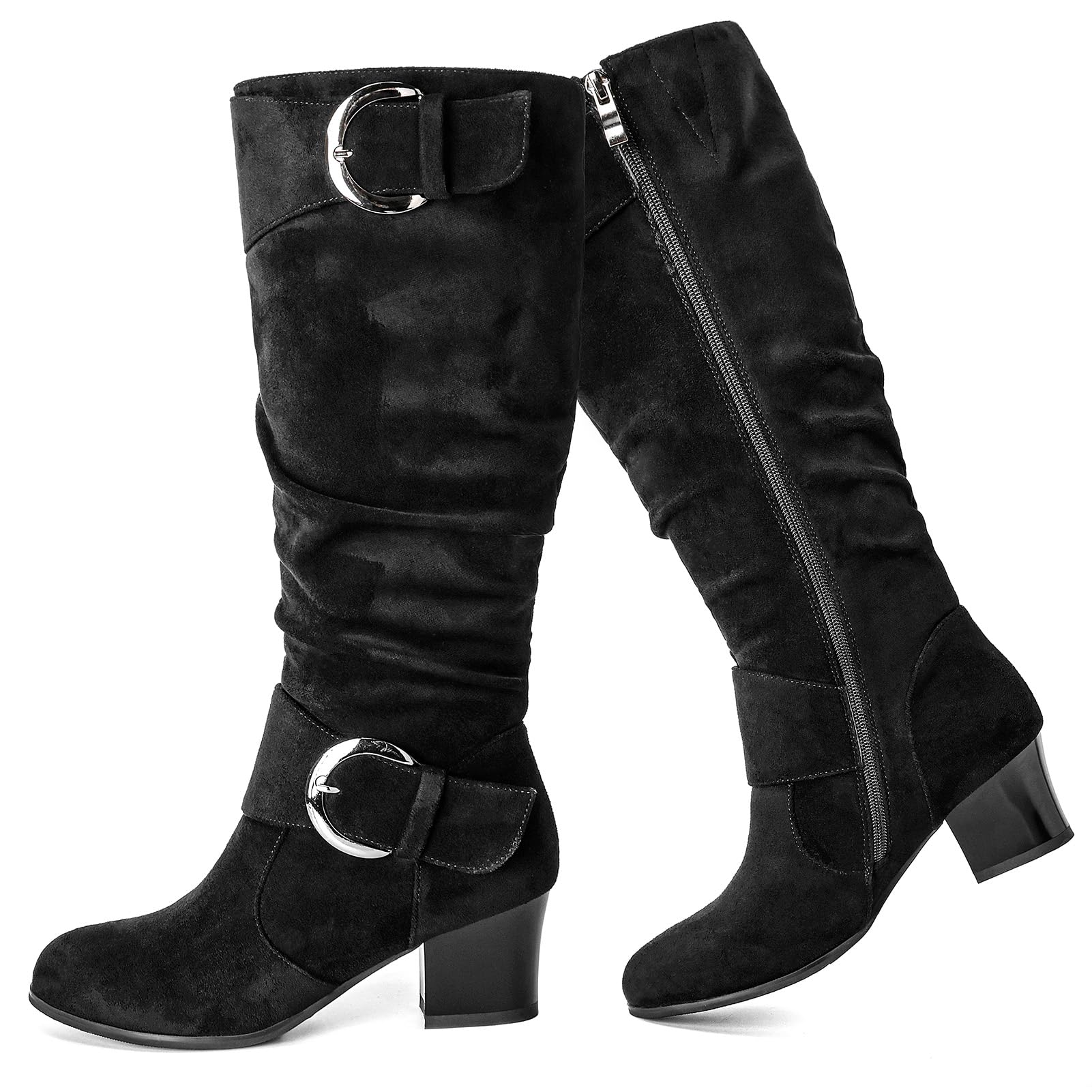 Riding Boots Women Knee High Slouch Round Toe Buckle Victorian Tall Boots Block Mid Heel Knee-High Boots
