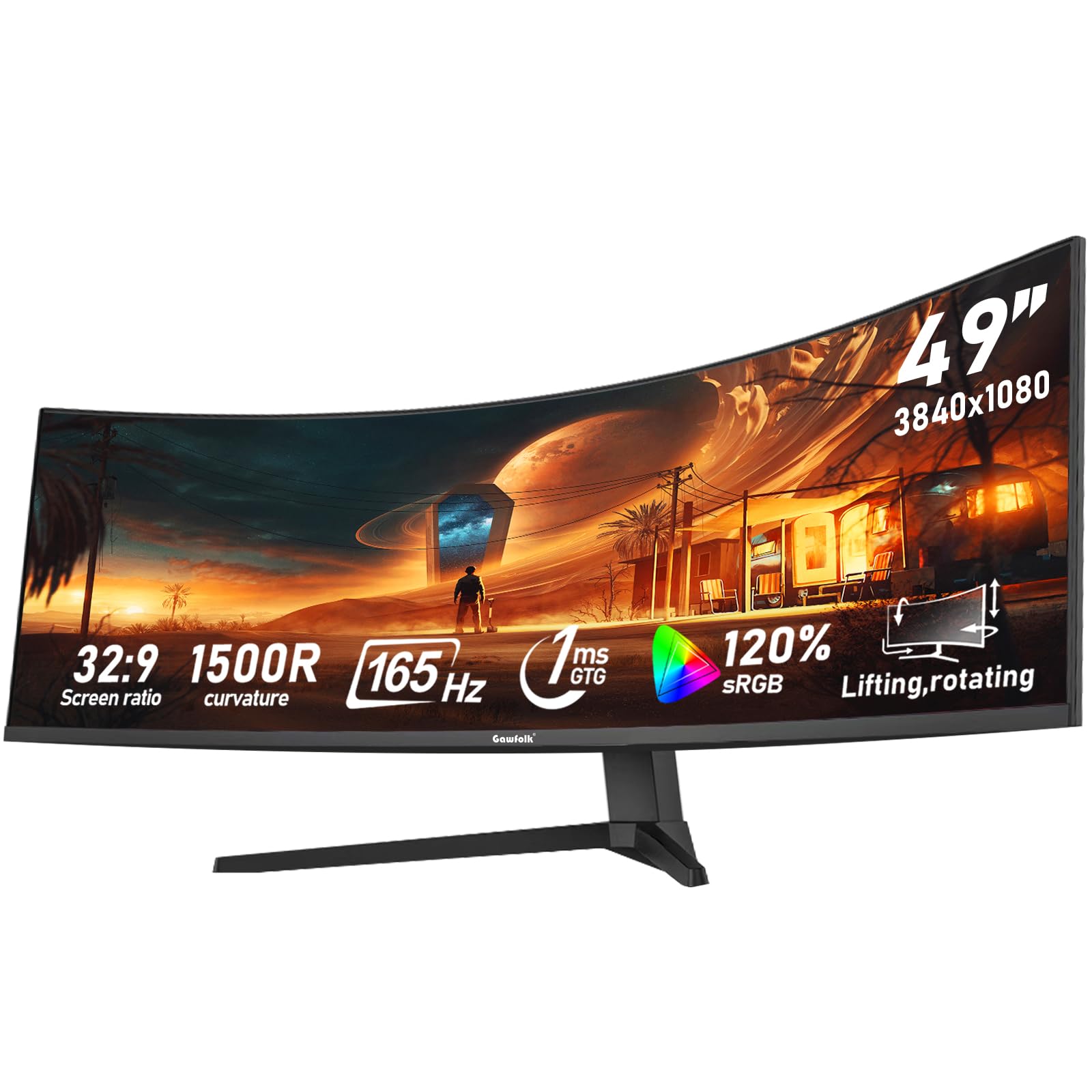 Gawfolk 49-inch Ultra-Wide Curved 1500R Gaming Computer Monitor, DFHD (3840×1080), 165Hz, 1MS, FreeSync, 120% sRGB, Height Adjustable PC Screen, HDMI2.1 & DP1.4, Compatible Wall Mount 100*100mm-Black