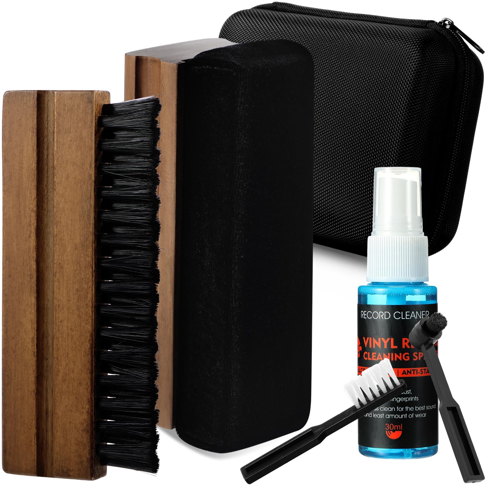 Ziliny Kit di pulizia per dischi in vinile, include spazzola in vinile, spazzola in nylon, 2 spazzole in microfibra, liquido detergente e scatola portaoggetti, kit di spazzole per la pulizia dei