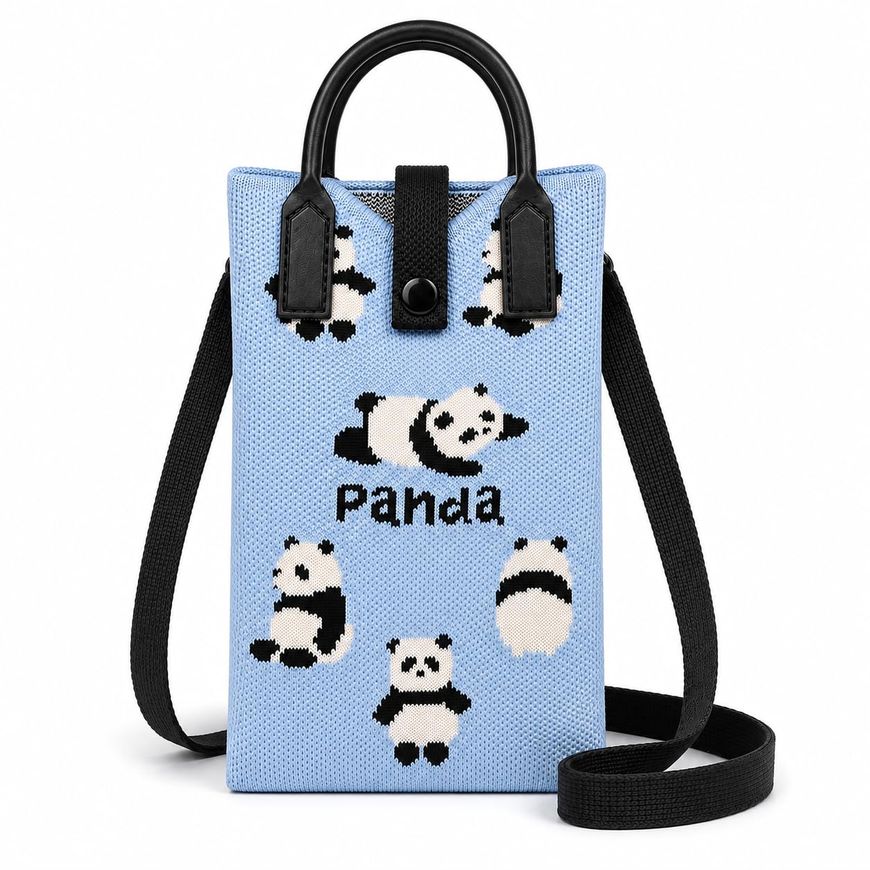 Women's Panda Printed Knitted Tote Bag with Top Handle & Shoulder Strap | Mini Crossbody Sling Bag for Women & Girls | Cute Aesthetic Handbag with Snap Button Closure | Blue-image-19