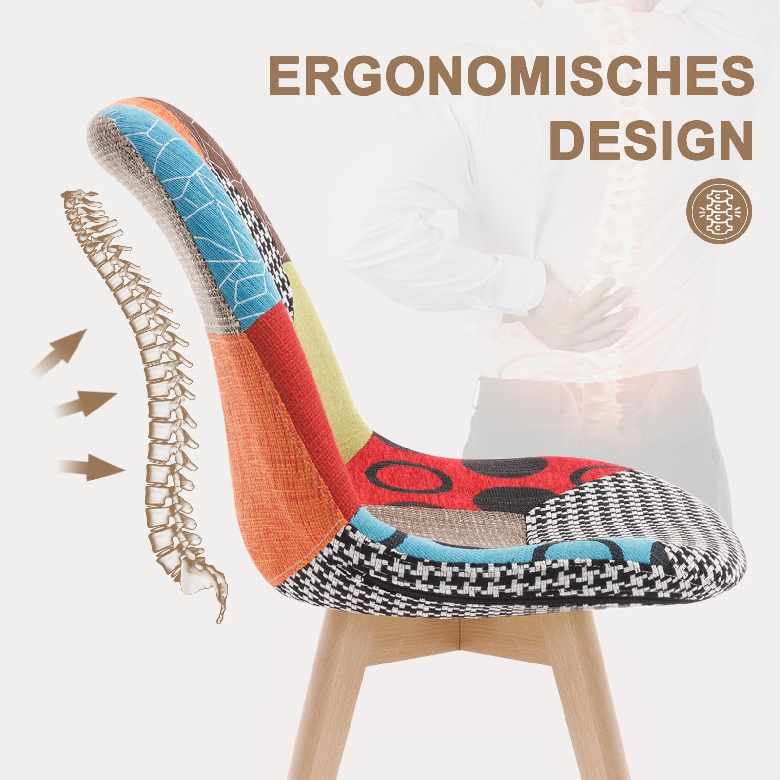 WOLTU Esszimmerstühle 2er Set, Küchenstühle mit Patchwork Design, Massivholz Beinen, Leinen, bis 150 kg belastbar, Mehrfarbig