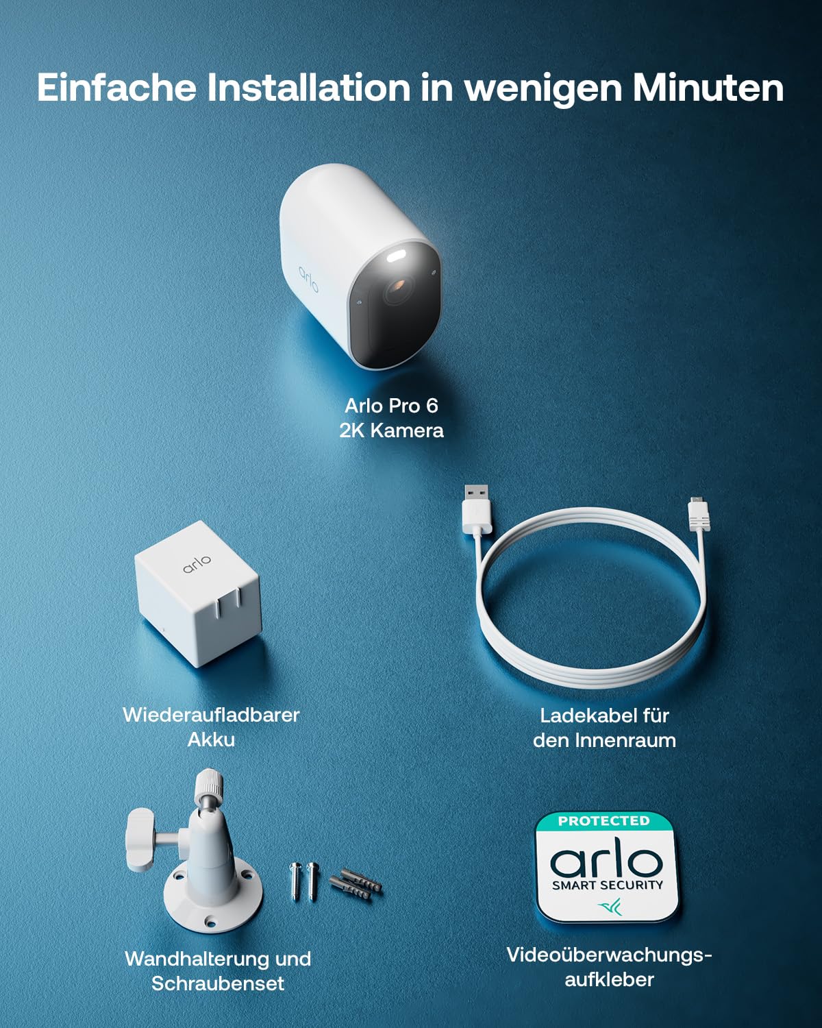 Arlo Pro 6 Überwachungskamera Aussen WLAN, Kabellos, 2K+HDR, Farb-Nachtsicht, 160° Blickwinkel, Spotlight, Zwei-Wege Audio, Bewegungserkennung, Sirene, mit Arlo Secure Testzeitraum, 1er Set, Weiß