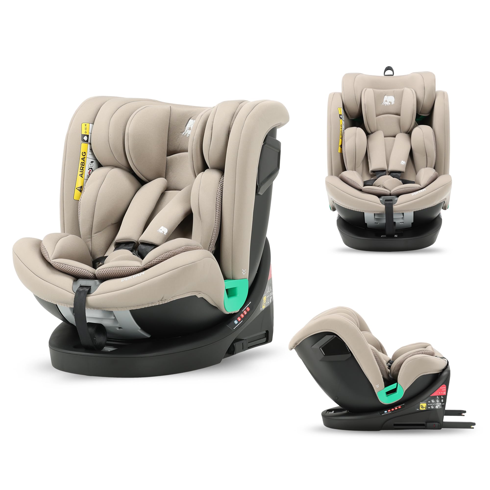 Deryan Colin i-Size Kindersitz 40-150 cm - Gruppe 0+/1/2/3, Drehbarer Autositz 360°, 0-12 Jahre (0-36 kg), Isofix, Gurtbefestigung, Seitenaufprallschutz, Verstellbare Kopfstütze (Nougat)