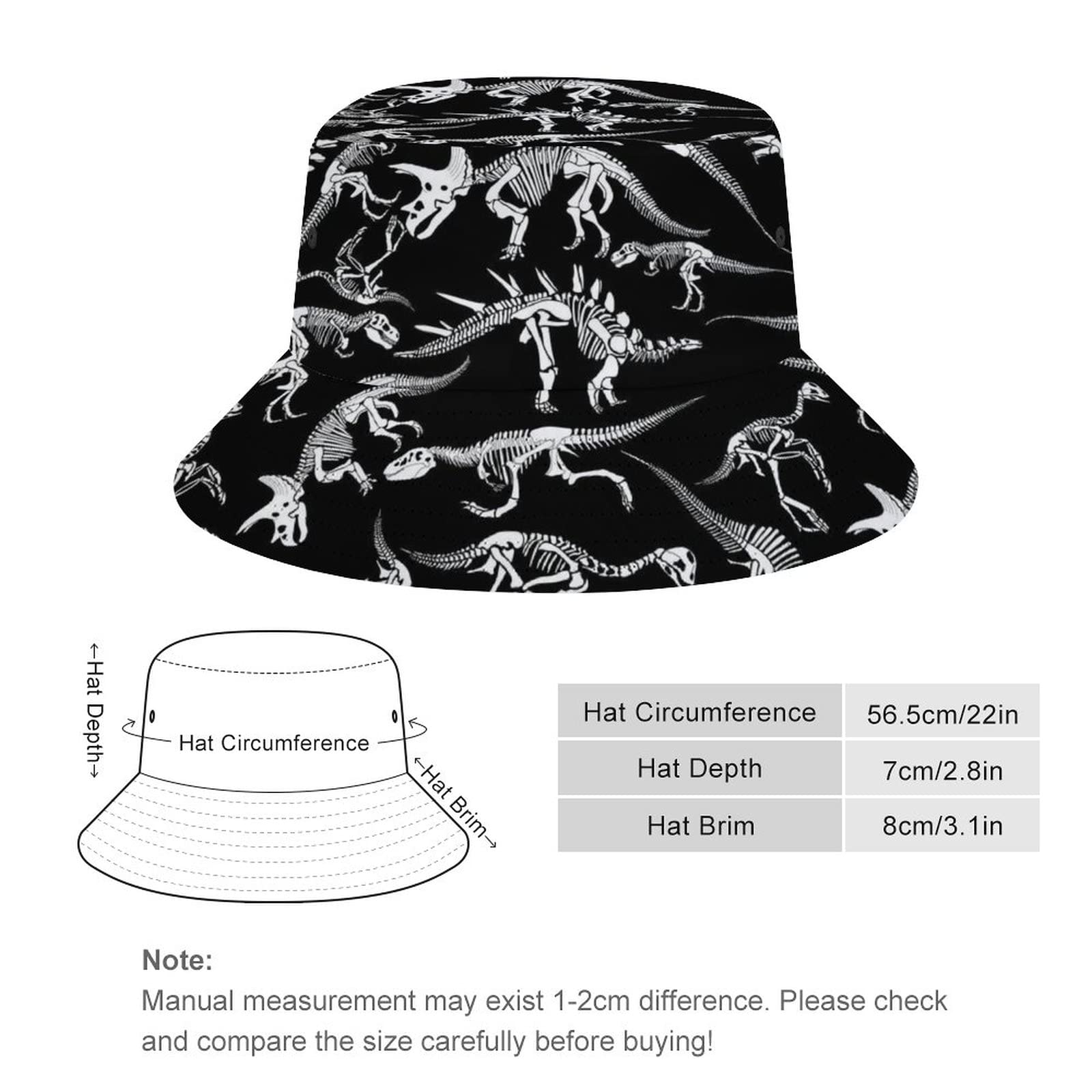 Unisex Bucket Hat Beach Sun Hat Aesthetic Fishing Hat for Men Women Teens, Reversible Sun Hats Compatible with Black and White Dinosaur Skull Skeleton Bucket Hat