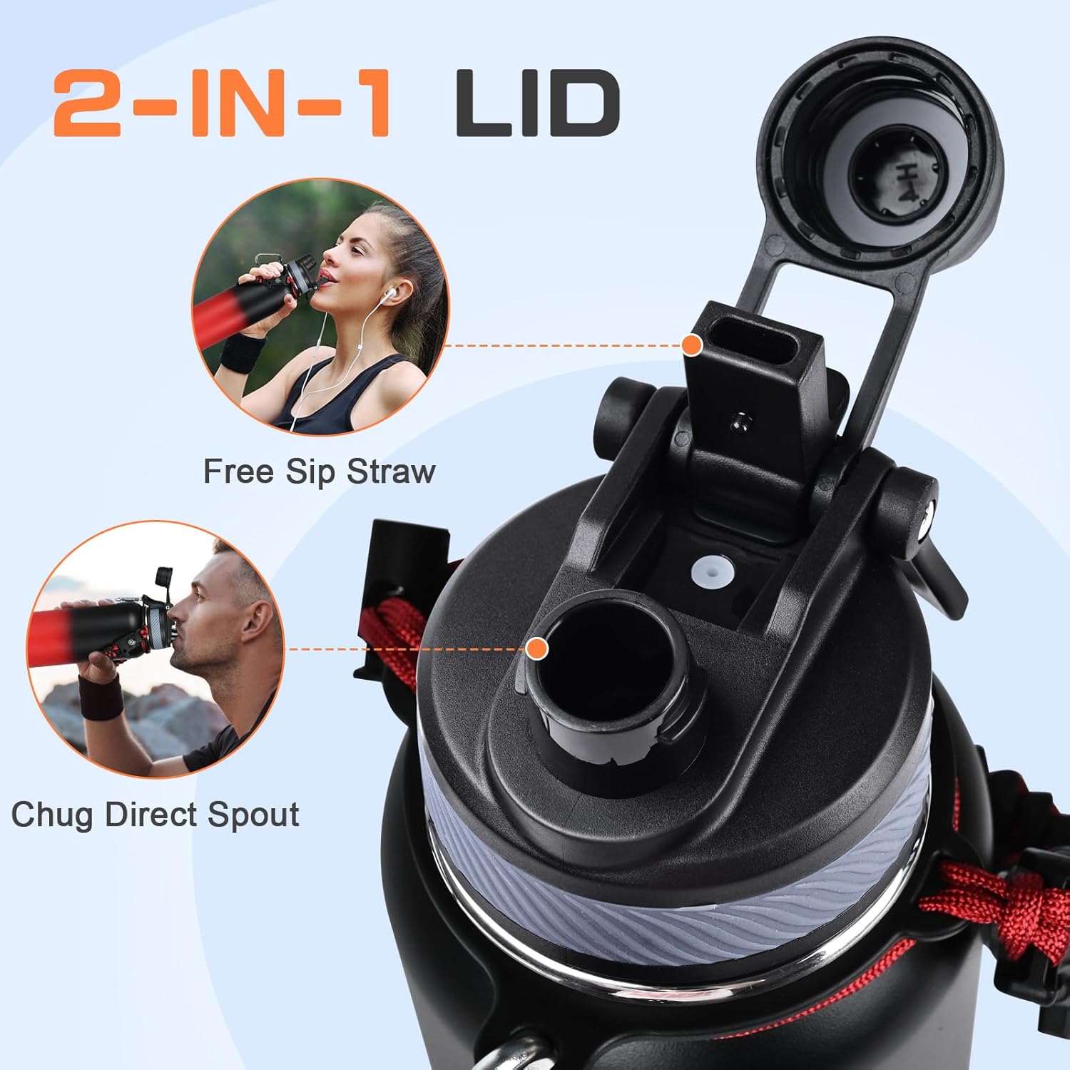 40 oz Insulated Water Bottle with Straw& Spout 2-in-1 Lid, Triple Wall Vacuum Stainless Steel Cold 48H, Leak Proof Sports Metal Flask Jug with Paracord Handle, Black Red - Image 3