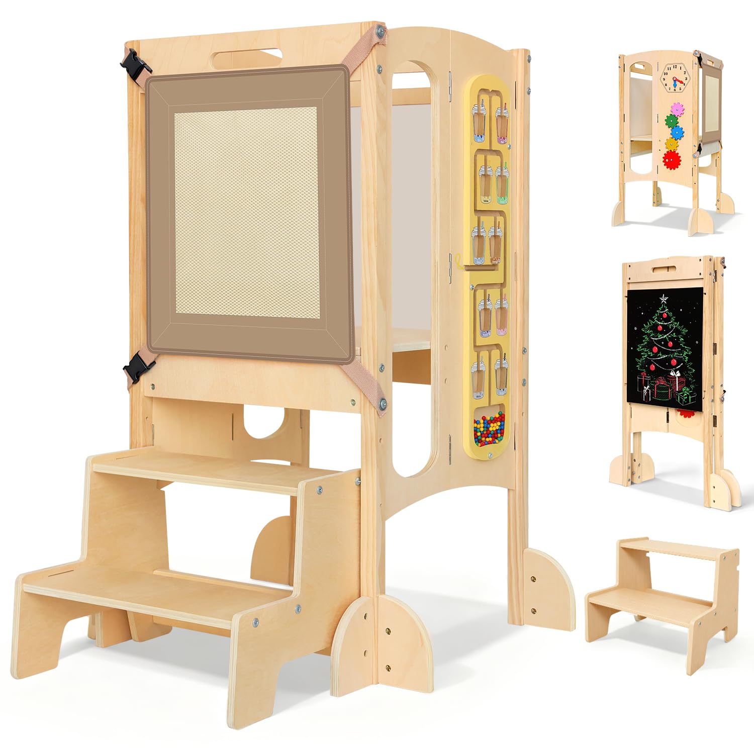 SOFTHOM Montessori Lernturm Klappbar, Lernturm ab 1 Jahr fur Kinder, Vormontiert/Platzsparend, Höhenverstellung Tritthocker aus Holz mit Tafel, Sicherheitsnetz, Kippschutz, Sicher/Stabil