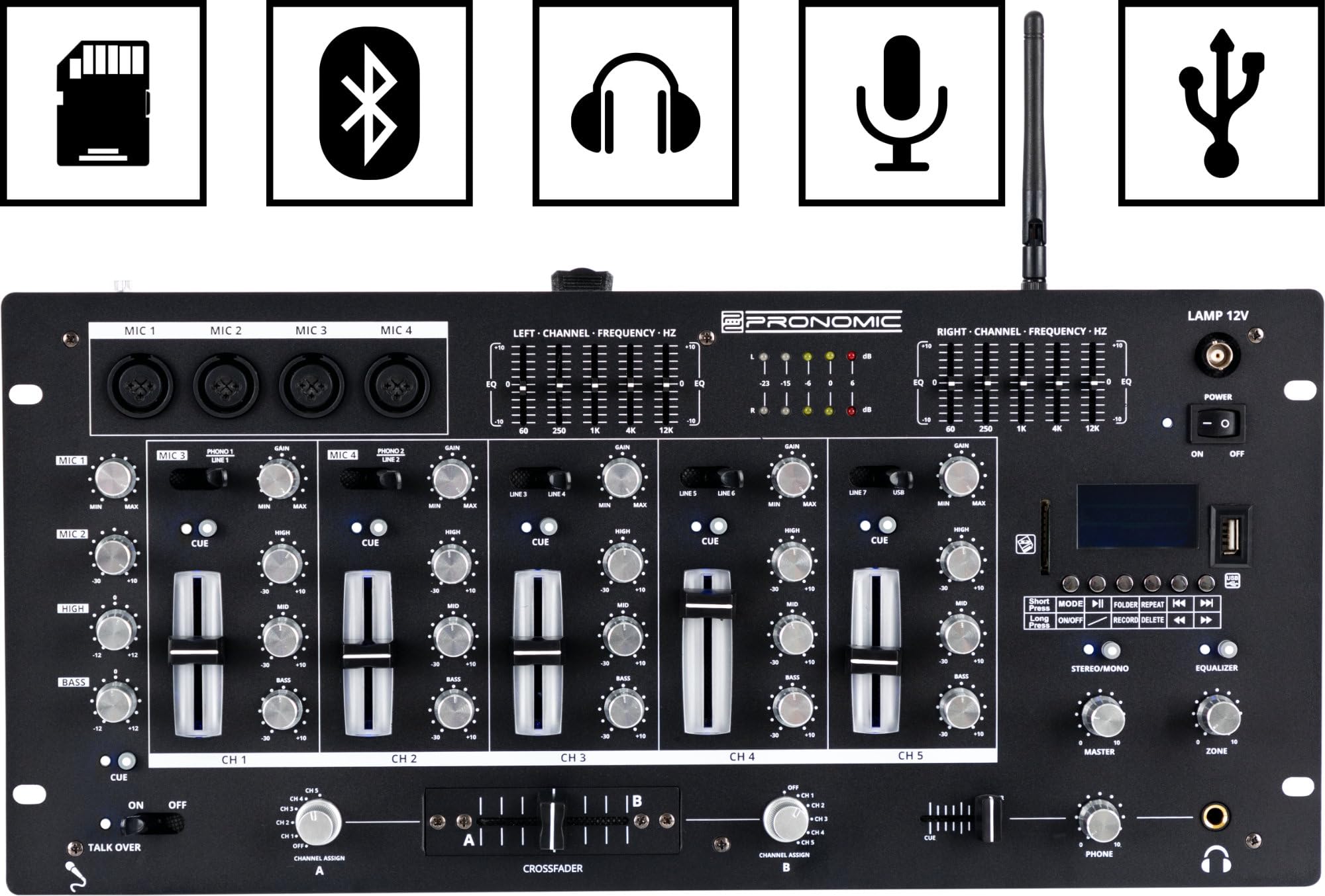 Pronomic DX-165REC MKII DJ-Mixer - Mixeur 5 canaux avec lecteur USB/SD/Bluetooth - Fonction Cue - Fonction enregistrement - 4 entrées micro - Égaliseur graphique