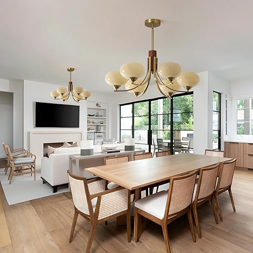 Miniatura 8 de BOKT Lámparas Colgantes de Techo Vintage de 6 Luces Araña Sputnik Dorada Lámpara Colgante Amarillo Leche Nórdica Arañas Sputnik de Mediados de Siglo