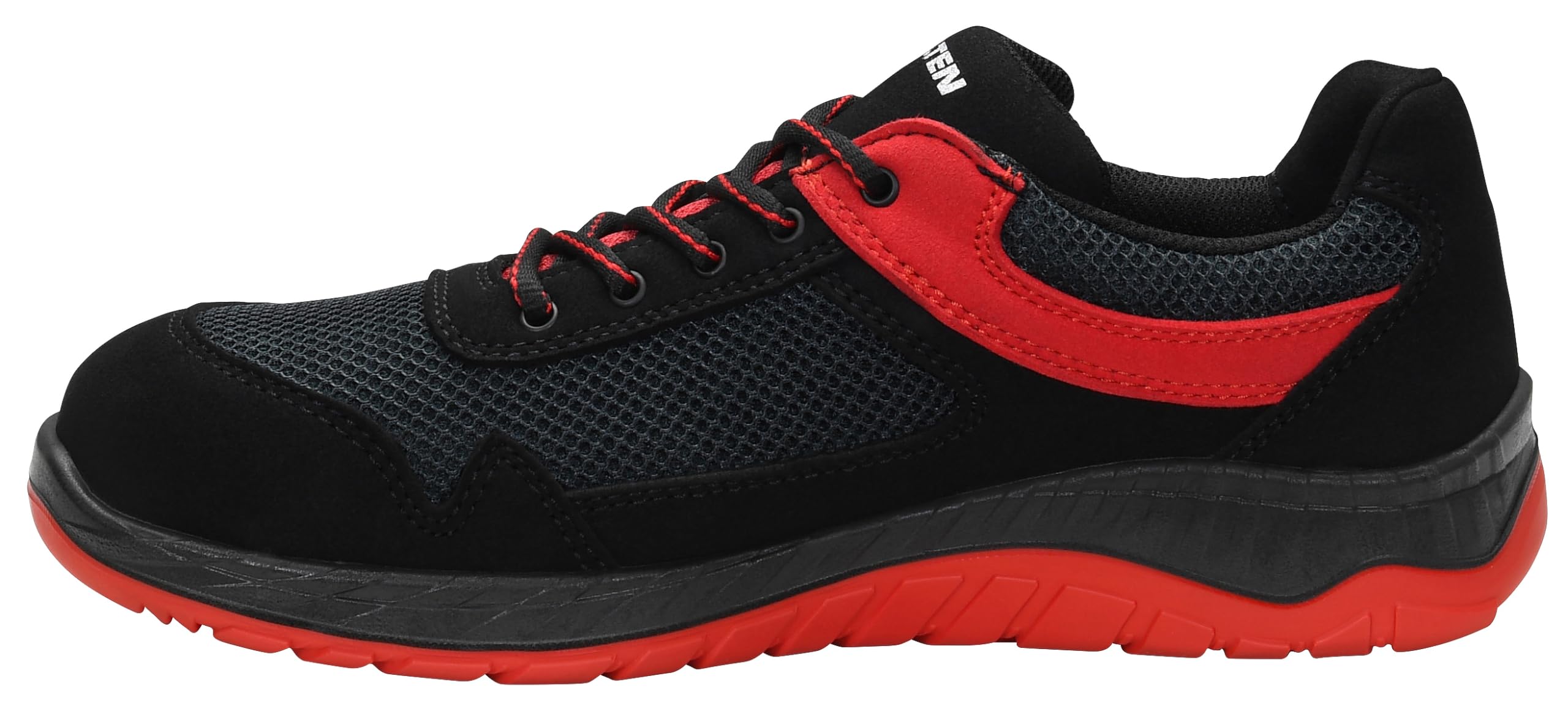 ELTEN Lonny red Low ESD S1PS, buty ochronne dla kobiet i mężczyzn, tekstylne, stalowe noski, lekkie, sportowe 43, czarno-czerwone