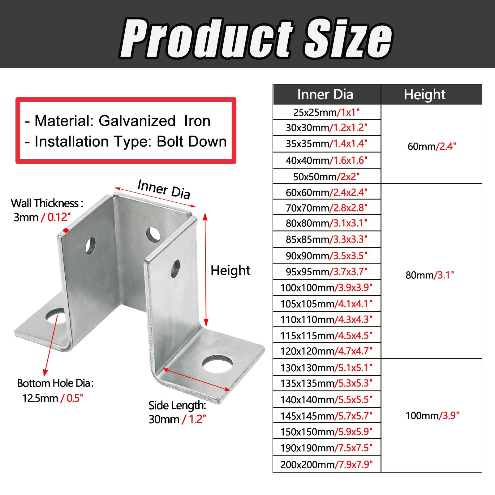 2 4 6 Pack Soporte Poste Madera Fácil Montaje Exterior | Anclaje de base poste acero galvanizado diseño abierto 3 lados pérgola/cerca/cubierta/jardín(2pcs,150x150mm/5.9x5.9'')