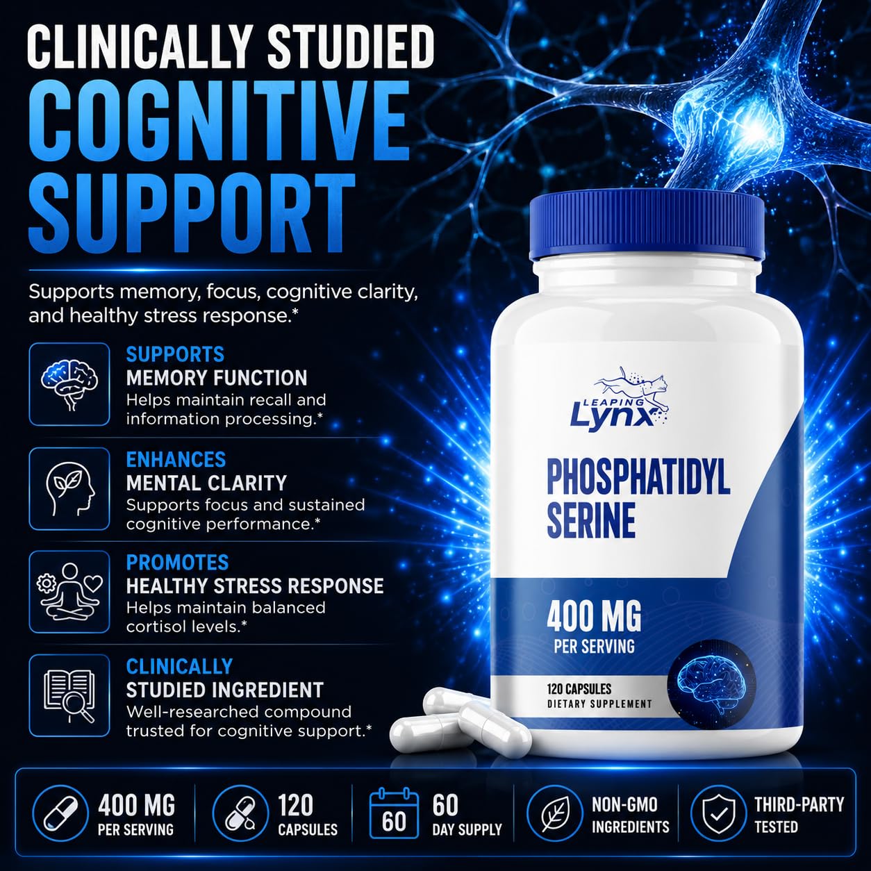 Phosphatidylserine 400mg Supplement – Phosphatidyl Serine from Sunflower Lecithin for Brain Health, Memory, Focus, Mental Clarity & Cognitive Support – Nootropic, Soy-Free, 120 Capsules — Amazon image 6