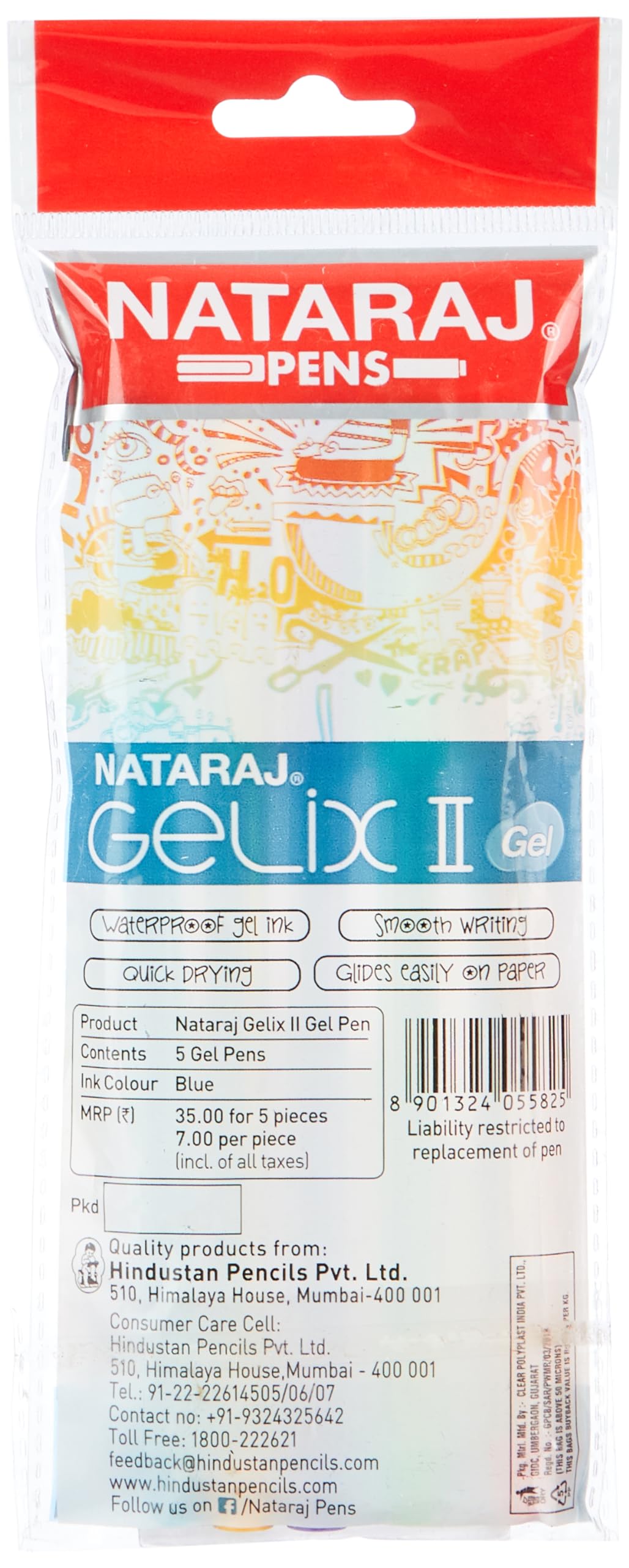 Nataraj Gelix 2 Gel Pens, Blue Pack of 5
