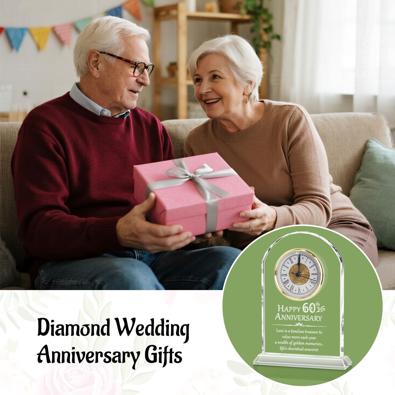 Top-spring 60th Wedding Diamond for Couple Parents & Grandparents, Desk Quartz Clock With Card - Image 3