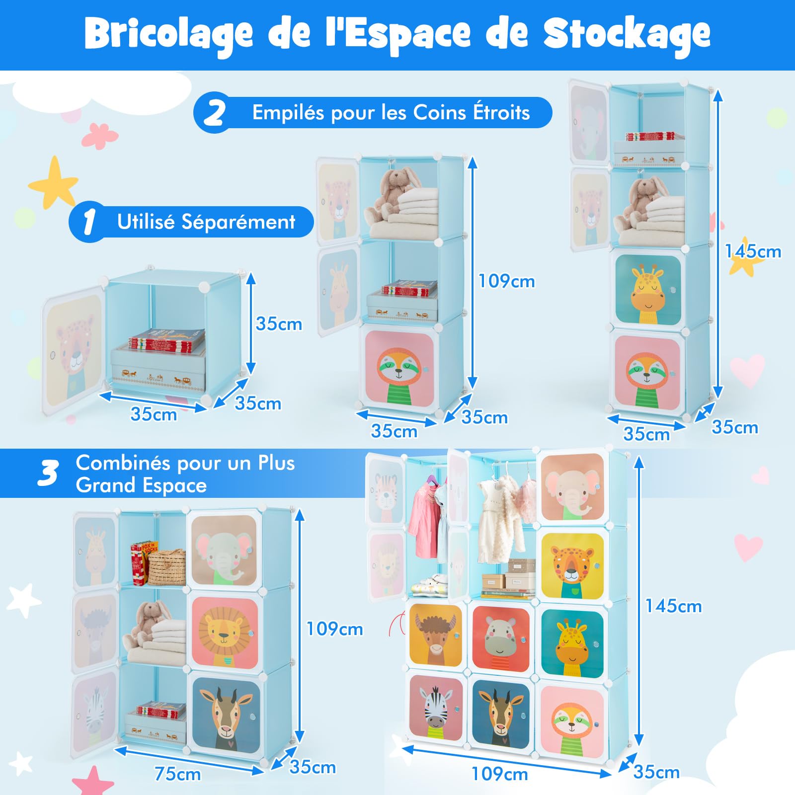 COSTWAY Meuble Rangement Enfant 12 Cubes avec Motif d'animaux, Armoire Modulable avec Portes & Poteau de Suspension, Charge 10kg pour Vêtements Chaussures Jouets, 109 x 35 x 145 cm