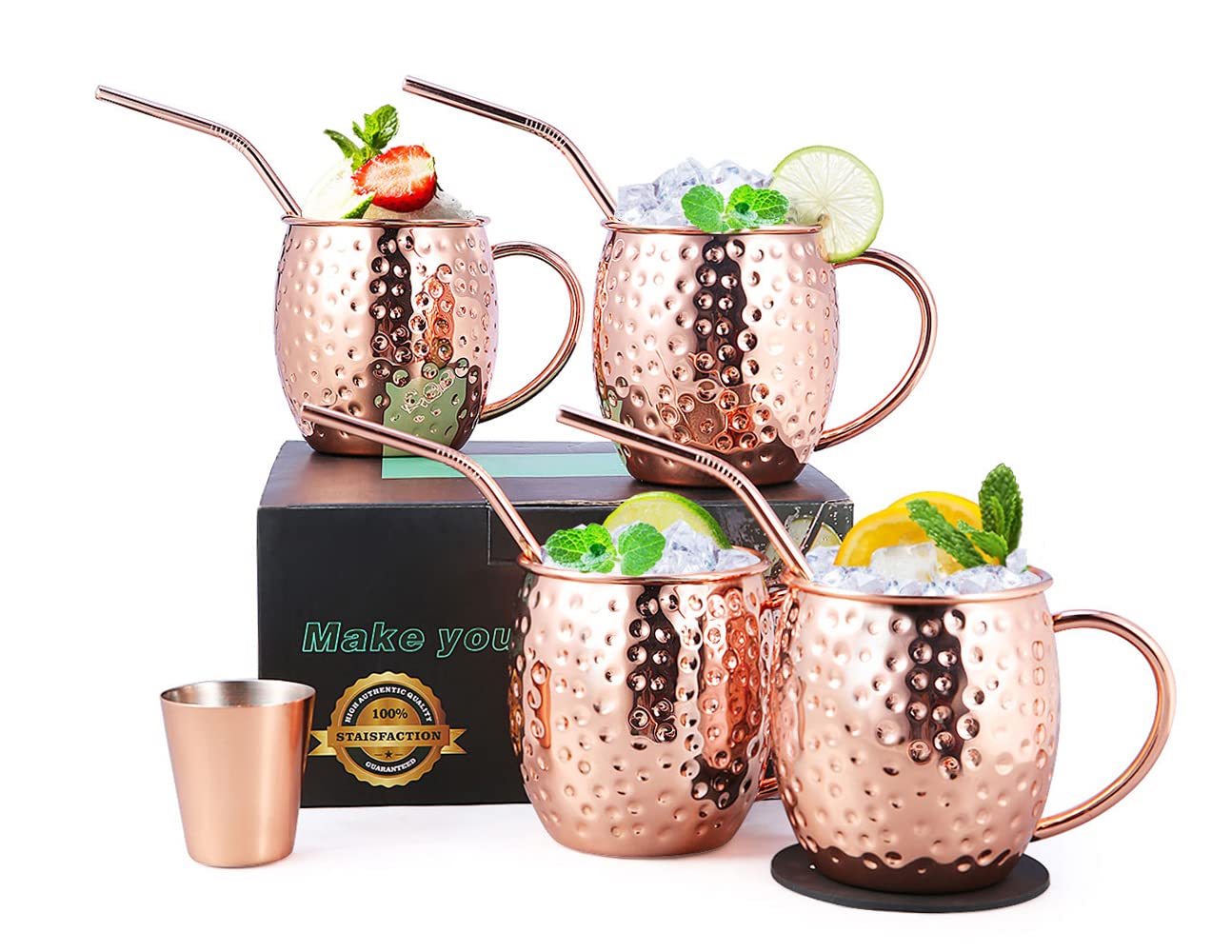 Newaey Moscow Mule Copper Mugs Set of 4 Handcrafted Copper Mugs for Moscow Mule Food Safe Mule Mugs 16 oz Gift Set with 1 Jigger 4 Straws 4 Coasters