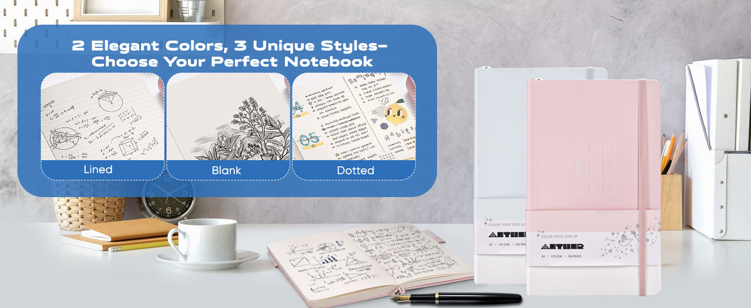 AETHER Lined A5 Notebook, 256 Pages Pink Journal 13 X 21.5 Cm 120GSM Thick Paper, A5 Hardback Notebook With Pocket Elastic Closure & 2 Bookmark For Women Work, Office, Writing, School