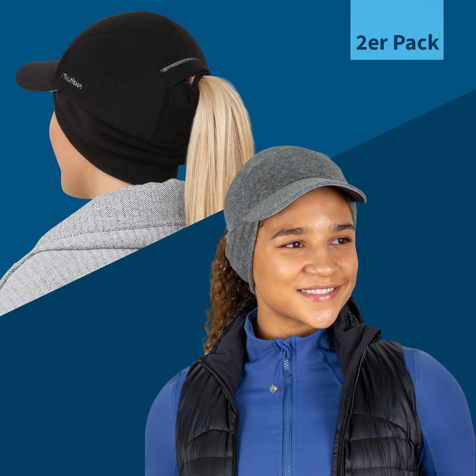 TrailHeads Fleece Sport Mütze Damen - Pferdeschwanz-Wintermütze mit reflektierendem Rand