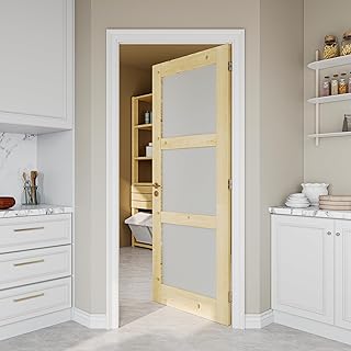 32" x 80" Pine Wood Slab Doors, 3-Panel Frosted Glass Interior French Door Slab, Soild Core & Unfinished Natural Wood Single Panel as Bedroom Pantry Laundry Closet Door, No Assembly Required