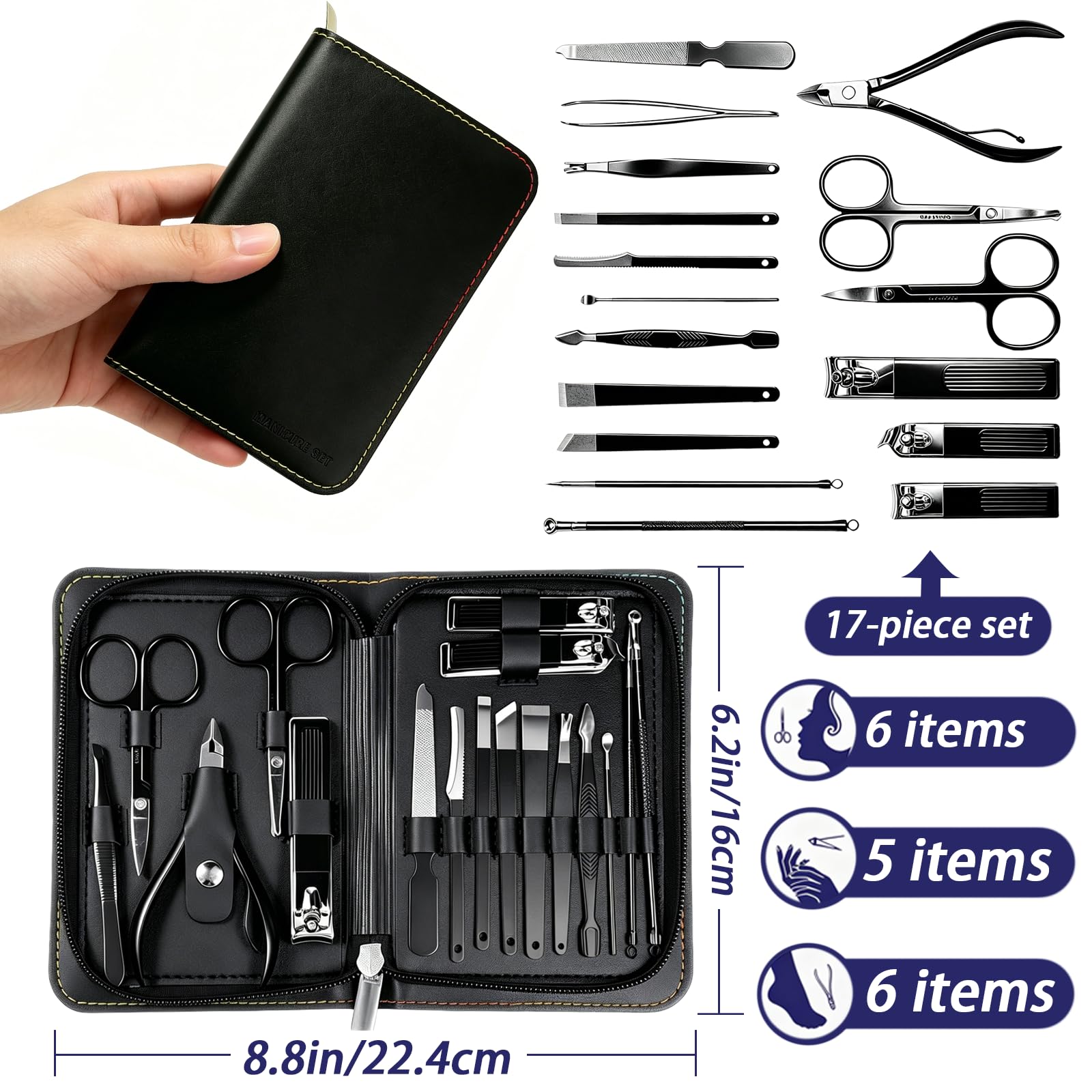 Kit de Manucure et Pédicure 17-en-1 Professionnel, Ensemble Coupe-Ongles en Acier Inoxydable avec Étui de Voyage Portable, Durable & Compact pour Soins à la Maison & en Déplacement