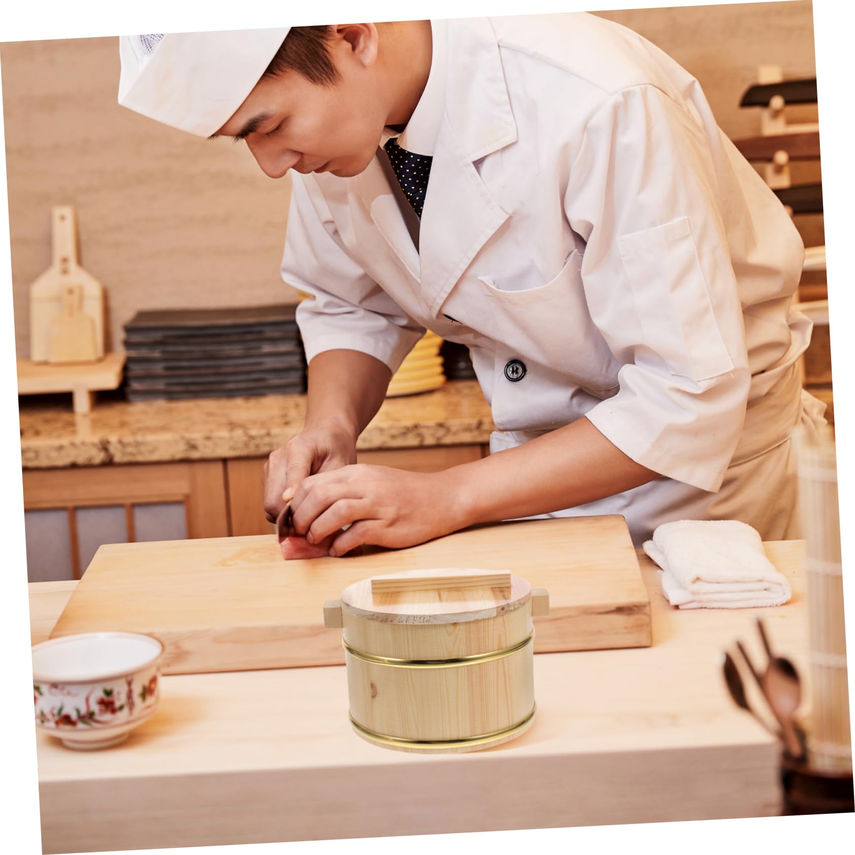 Alipis Secchio per Riso in Legno Coperchio per Sushi Contenitore Rotondo per Conservazione Alimentare in Cucina per Barbecue e Servizio