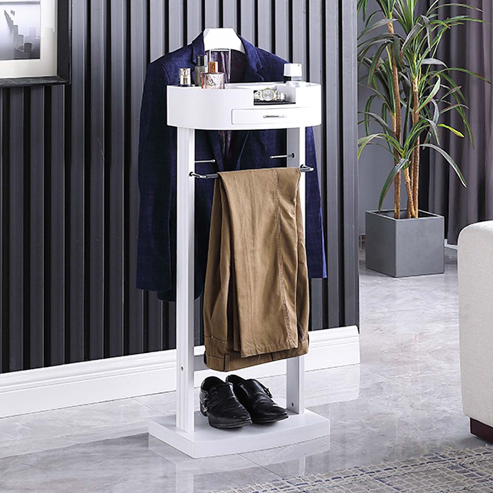 Porte-vêtements en bois massif pour homme – Valet multifonction avec étagères et tiroirs – Présentoir de vêtements robuste pour chambre à coucher et bureau – Design élégant blanc ivoire