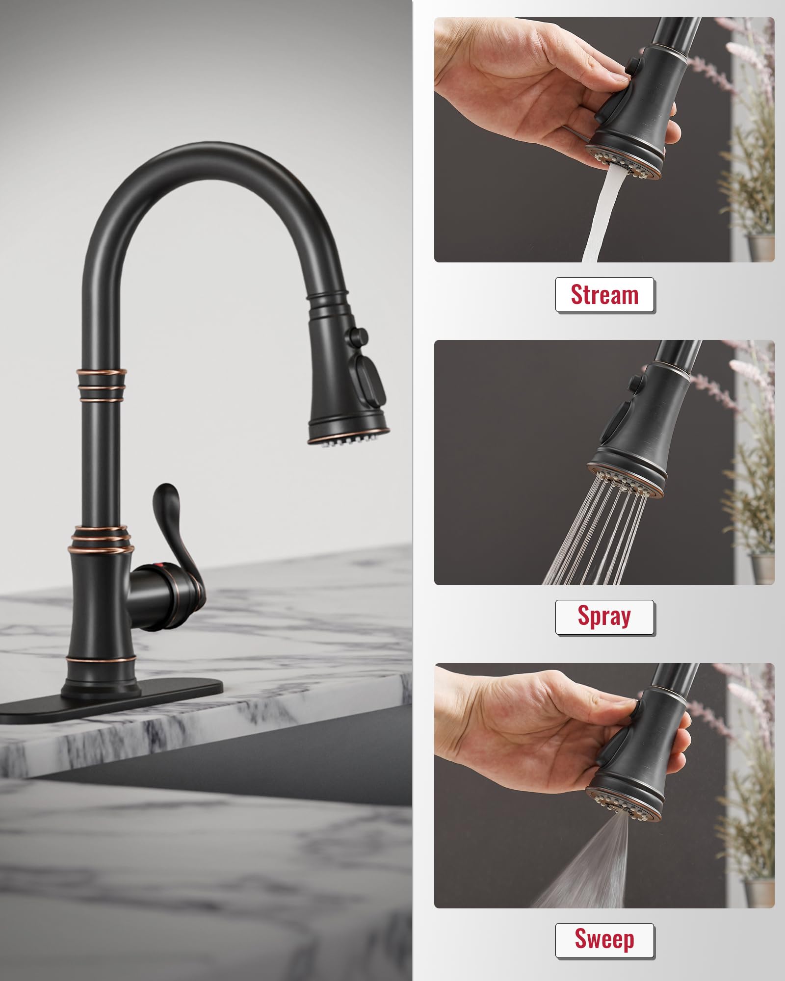 Homevacious Küchenarmatur aus geölter Bronze mit herausziehbarem Sprühkopf, 3 Sprühmodi, einfacher Griff, hoher Bogen, Küchenspüle, Wasserhahn mit Tablettplatte,