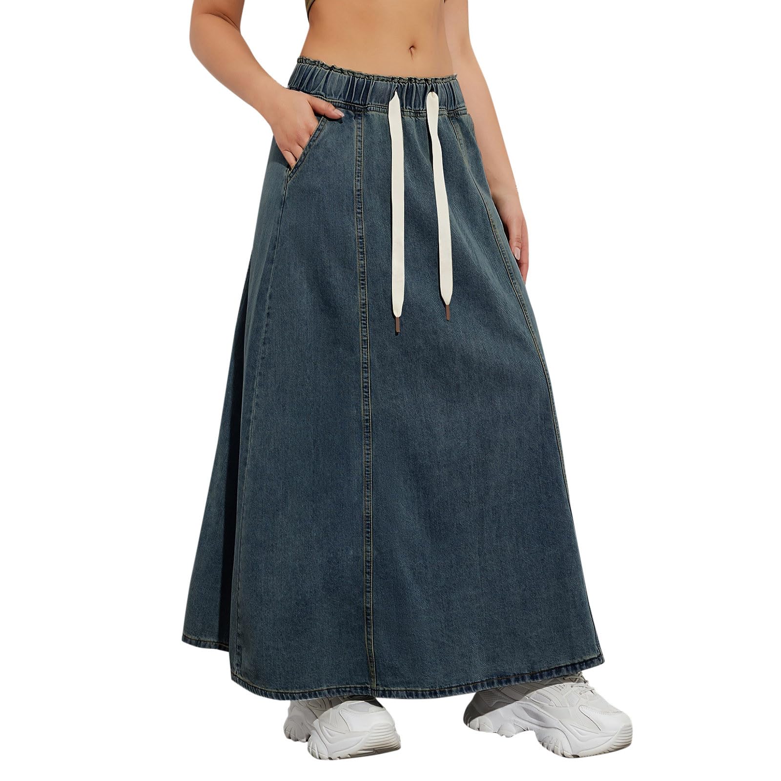 Jupe en Jeans Femme Taille Élastique- Jupe Longue Ete Ourlet Évasé Ample Longue Classiques Vintage Casual avec Cordon De Serrage Comfortable Fluide Swing Chic Et Élégants Streetwear