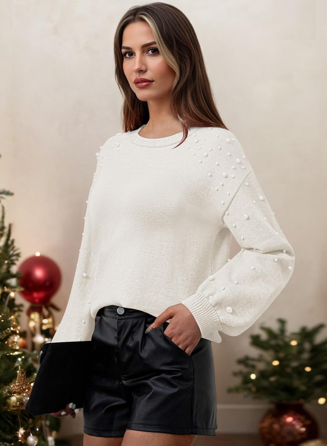 Pink Queen Pearl Sweater for Women 2025 Fashion Fall Winter Chunky Crewneck Lantern Sleeve Loose Knit Pullover Sweaters Top - Image 6