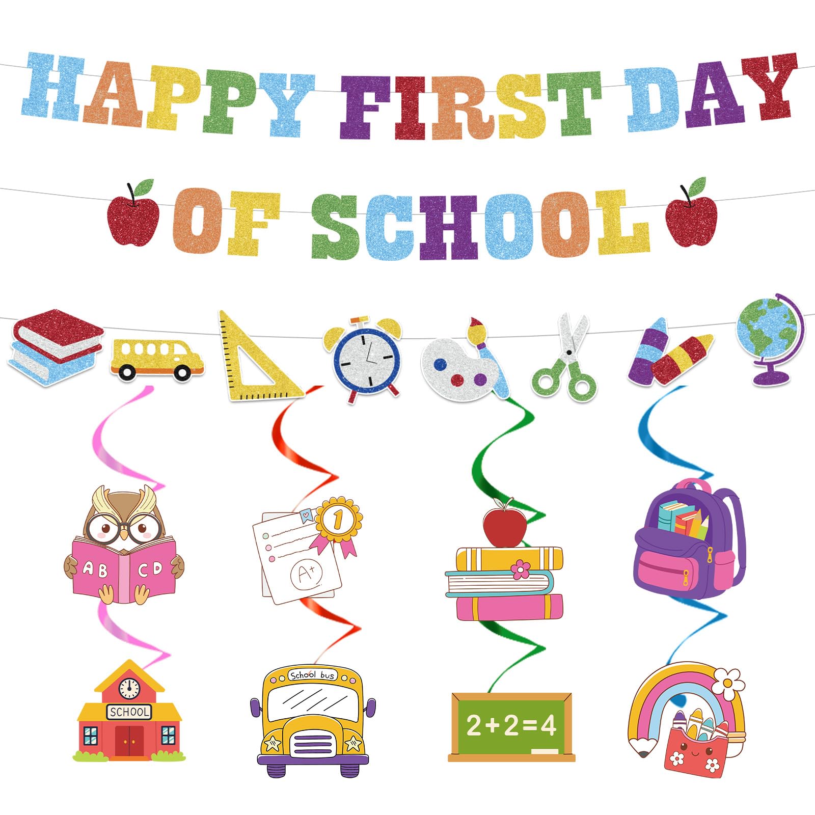 PURCAFT 11pcs Back to School Party Decorations Include Happy First Day of School Banners Hanging Swirls for Celebrating Welcome Back to School Party Classroom Supplies