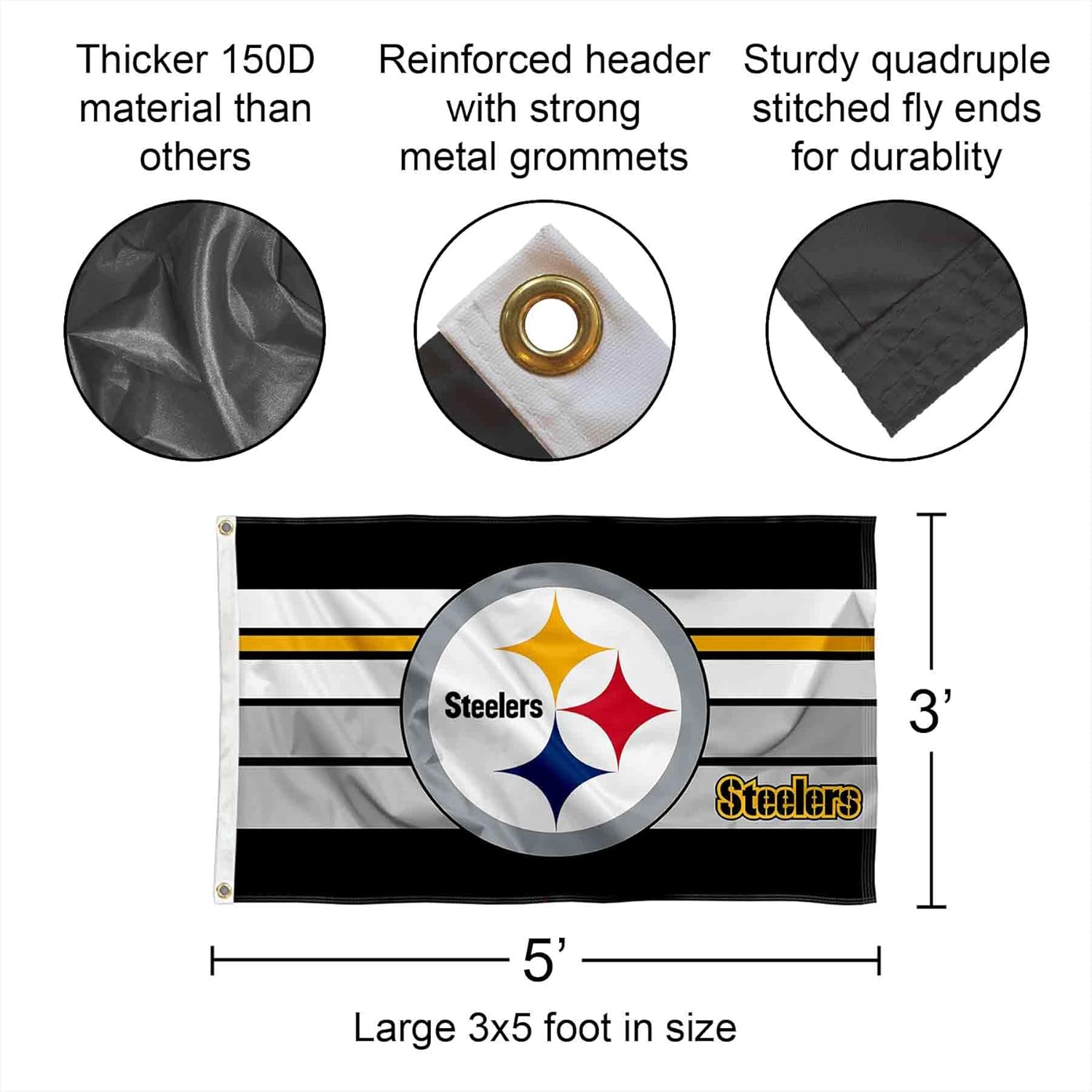 Pittsburgh Steelers Retro Stripes Large 3x5 Flag - Image 2