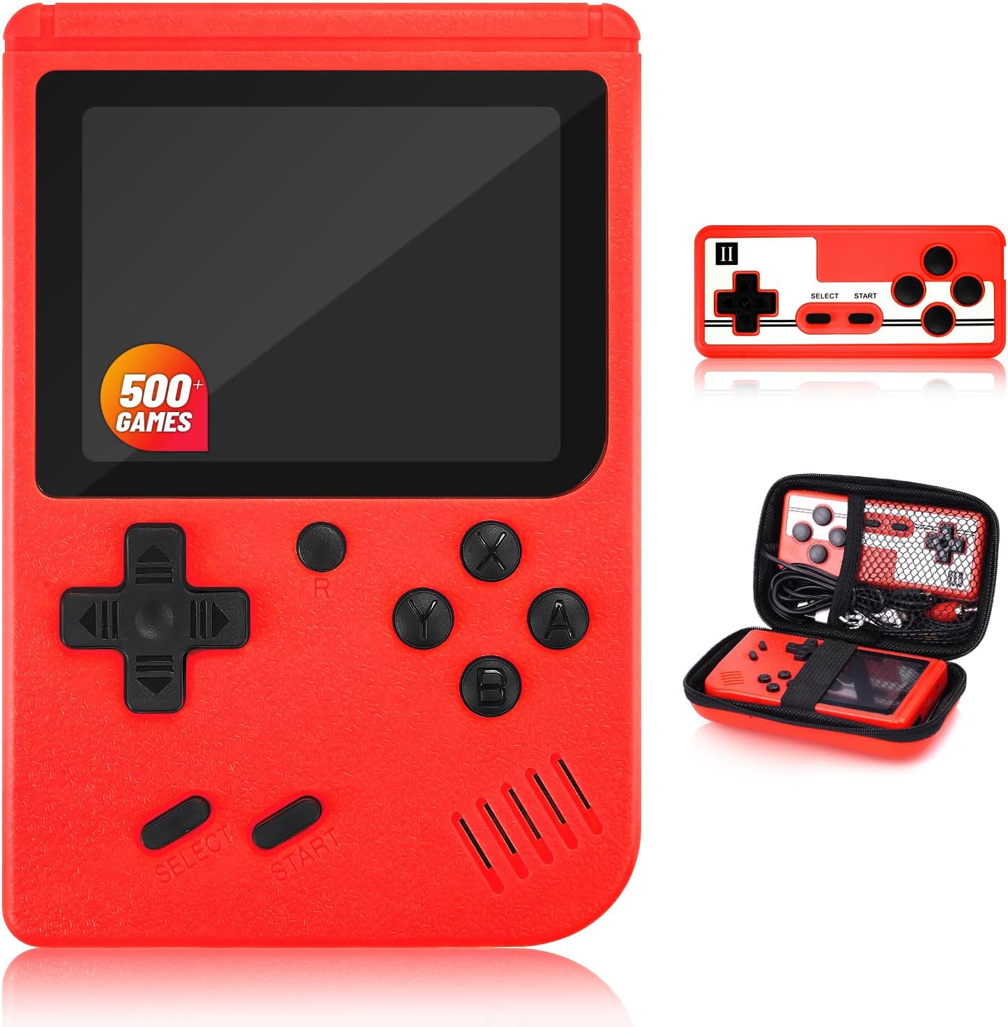 Handheld Game Console with Classical Retro Single and 2 Players, 3.0 Inch Kids Screen Portable Retro Video Game Console Support TV Connection(Red-500 Games)