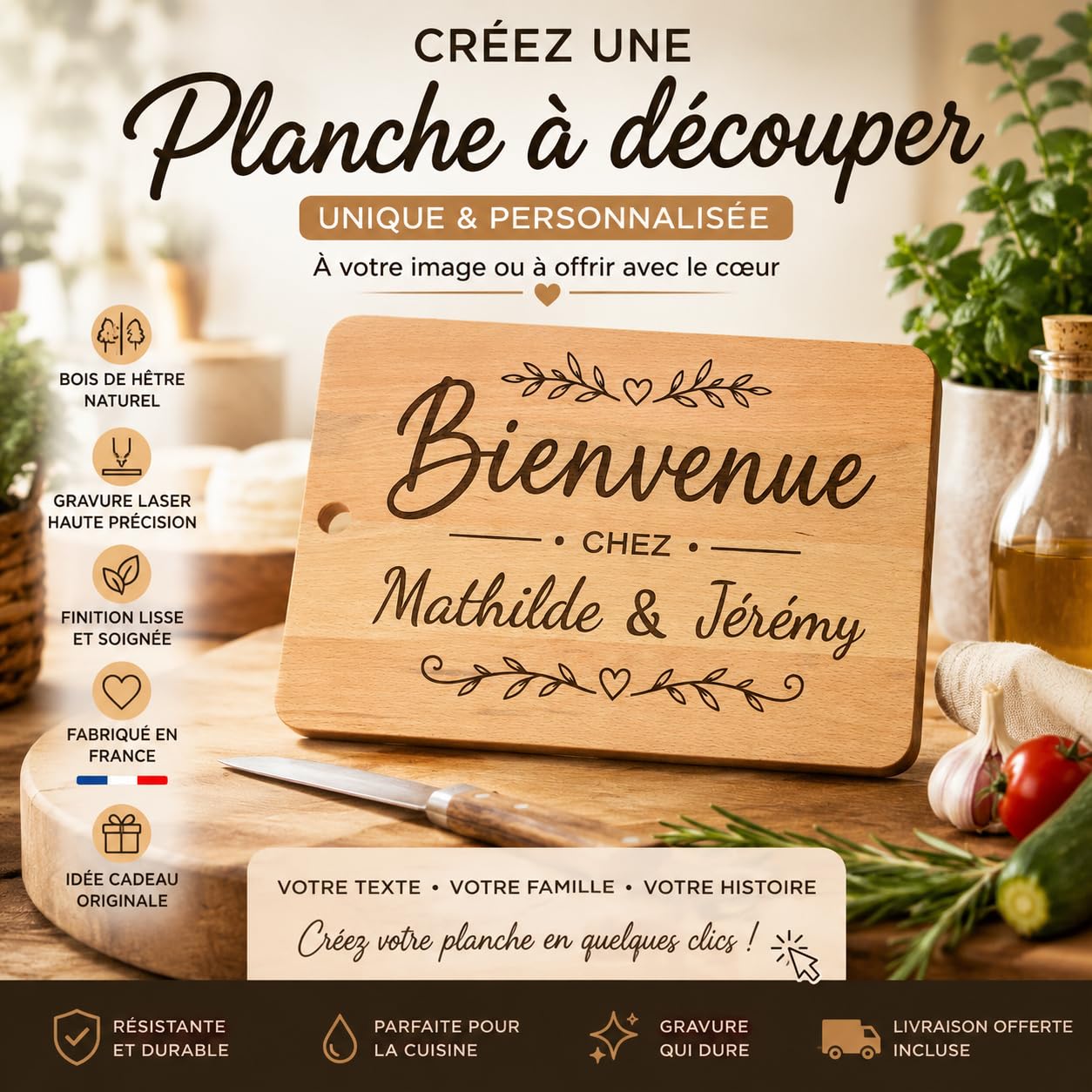 Planche à découper personnalisée en hêtre massif – Planche apéro gravée – Texte personnalisé – 40 × 26 × 2 cm – Cadeau mariage, couple, famille, crémaillère – BIBAMBOIS
