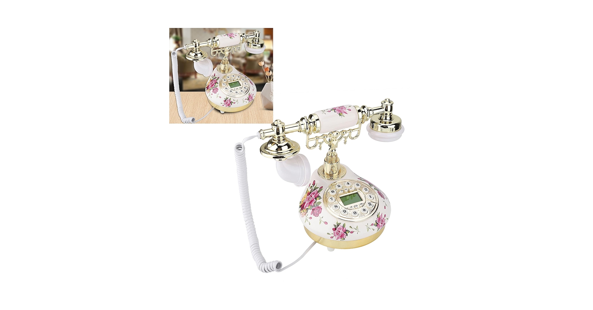 ヨーロッパ調 ローズ ヴィクトリアン 電話機 インテリア 薔薇柄　レトロ Amazon | コード付き電話、ヴィンテージレトロ電話、花柄装飾の