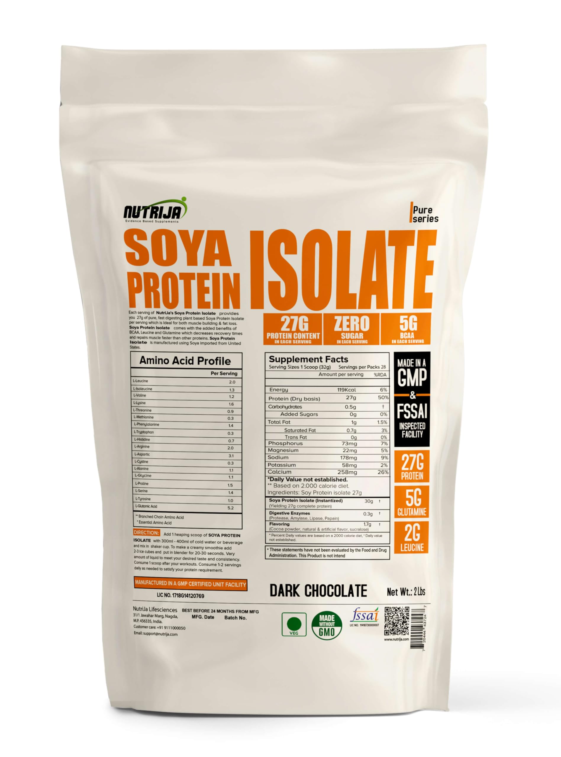 NutriJa Soya Protein Isolate 90% with Added Digestive Enzymes for Optimal Absorption | Vegan Plant Based Protein Powder | Non-GMO - 28 Serving 2Lbs (Dark Chocolate)