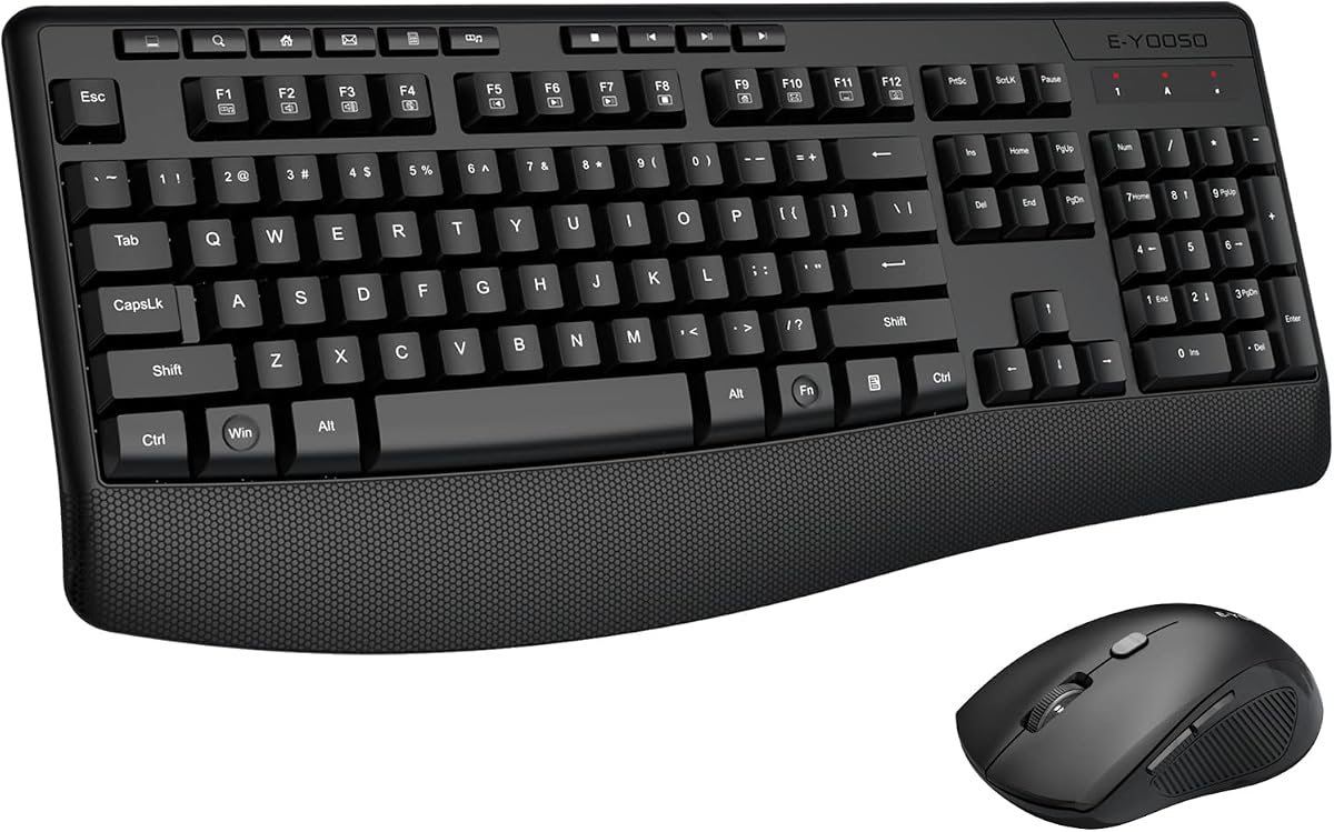 Combo de teclado y mouse inalámbricos, ergonómico de tamaño completo con reposamuñecas | Receptor USB de 2,4 GHz, ratón inalámbrico ajustable de 6 botones de 3 DPI para ordenador, portátil, PC, Windows