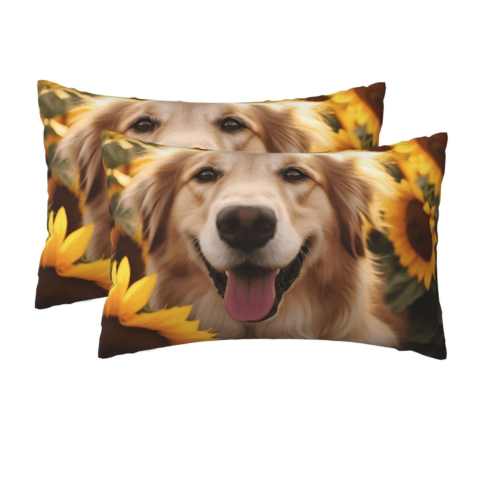 2 Pack Queen Pillow Cases with Hidden Zipper, Soft Breathable Pillow Covers for Hair and Skin, Dog and Sunflower Pillowcases 20"x30" Bed Pillow Protectors Cover for Sleeping Gifts