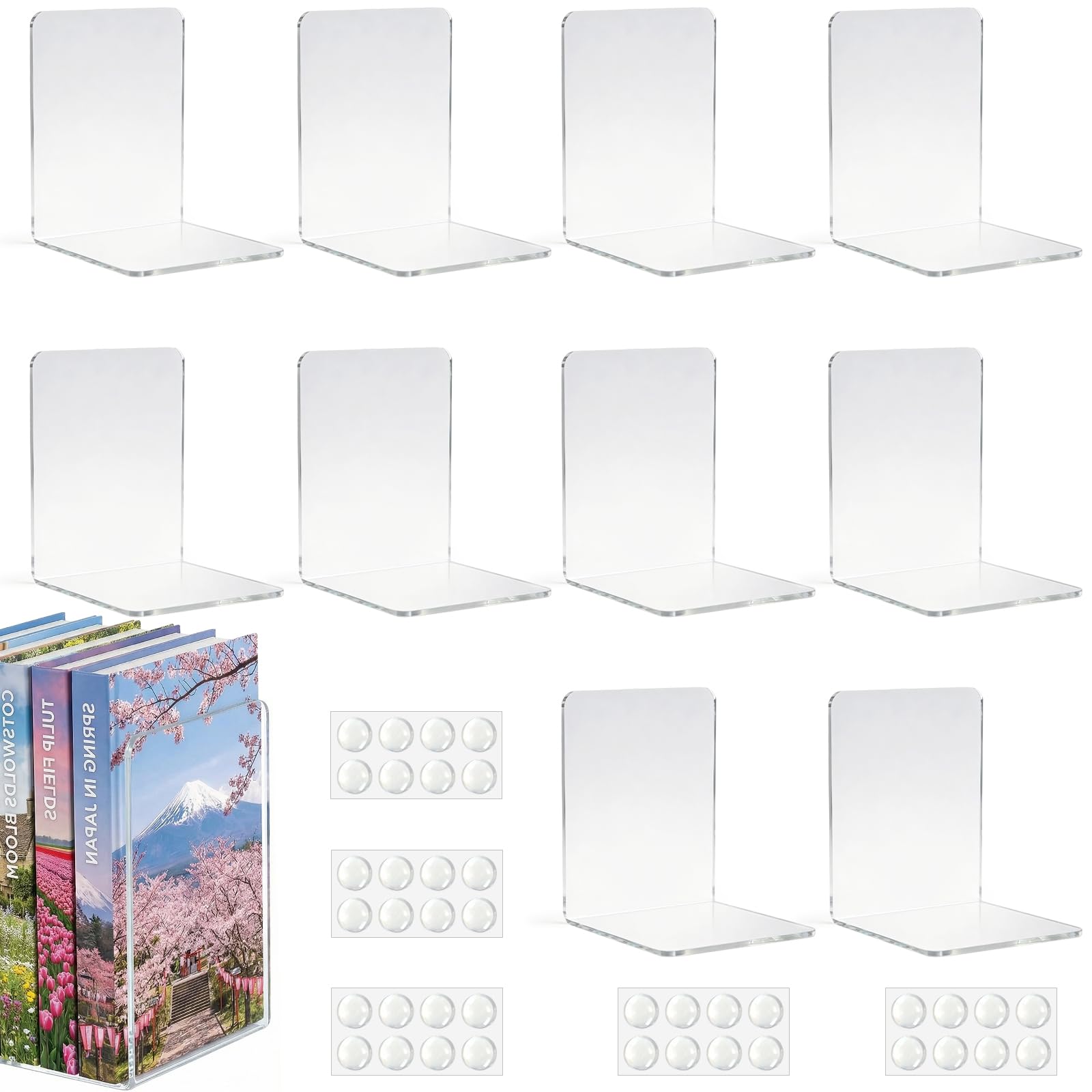 10 Piezas SujetaLibros Estanteria, Sujetalibros de Acrílico Transparente con 40 Almohadillas Antideslizantes, Organizador de Libros de 3 mm de Grosor, para Escuela Casa Oficina 10x10x13cm