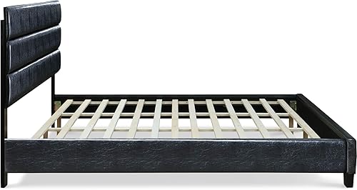 Miniatura 28 de ClickDecor Hudson - Cama de plataforma tapizada con cabecera recta copetuda, base de colchón, no necesita somier, soporte de listones de marco de