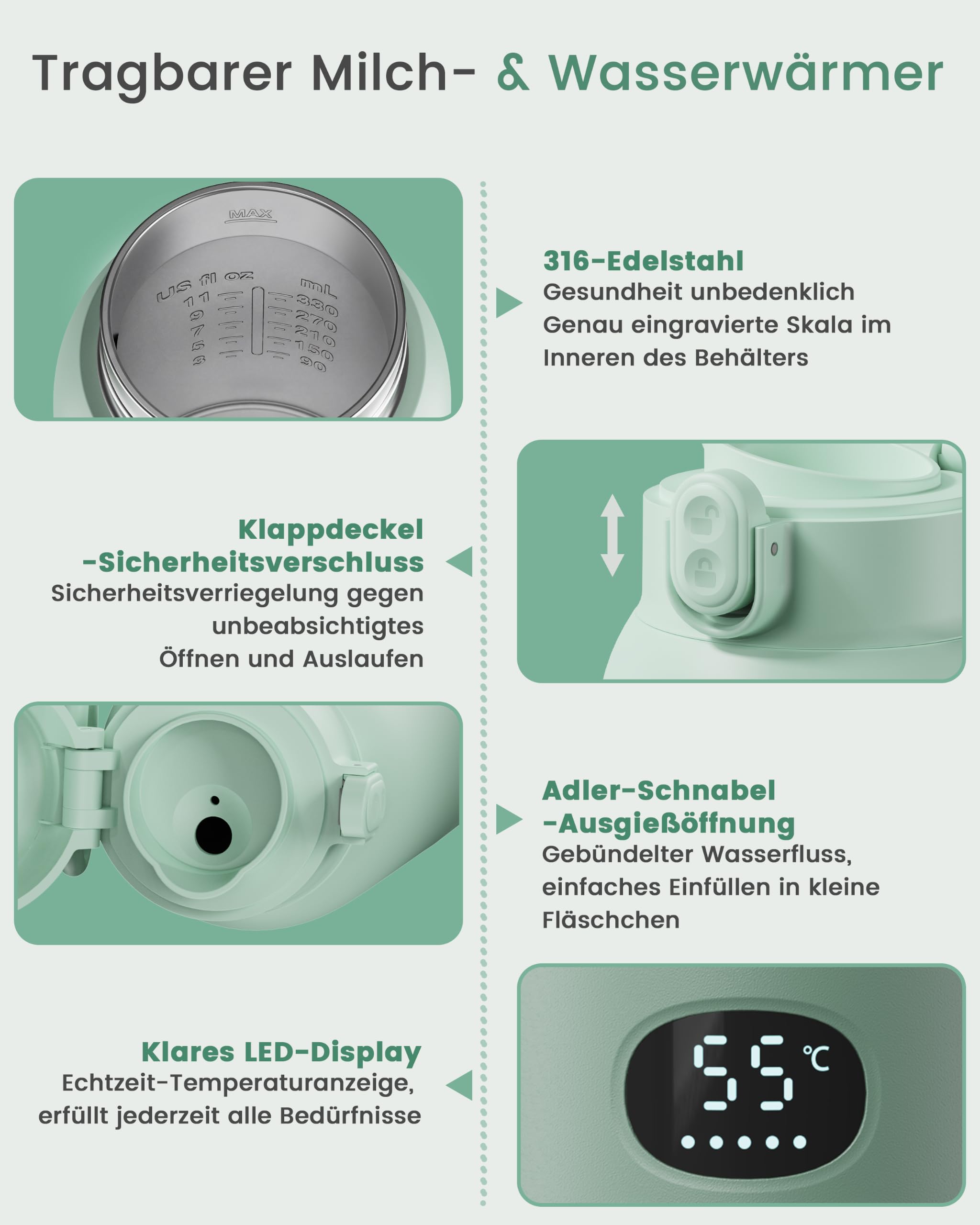 Tragbarer Flaschenwärmer Baby, 100W Schnellaufheizung | Kabellos, für unterwegs & Reisen, 500 ml Kapazität, 30x Nutzung/Akku, USB-C, BPA-frei, hellgrün
