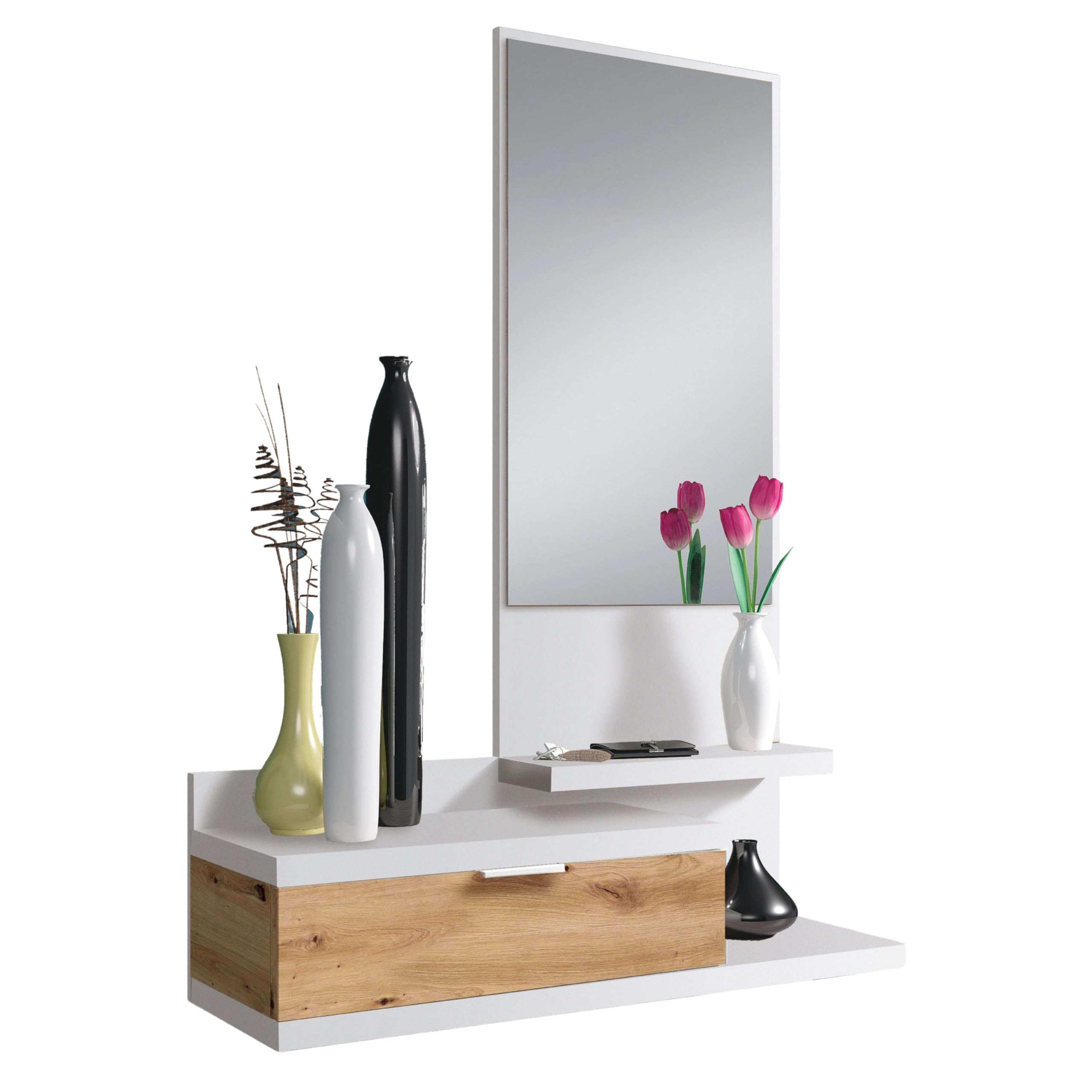 Habitdesign Weiß Artik Y Eiche Nodi Flurablage Mit Schublade Und Spiegel – Garderobenmöbel In Arktisweiß Und Eiche Für Eingangsbereich Oder Schlafzimmer, Modernes Design, Maße: 81 X 116 X 29 Cm (B X H X T), Modell Dahlia