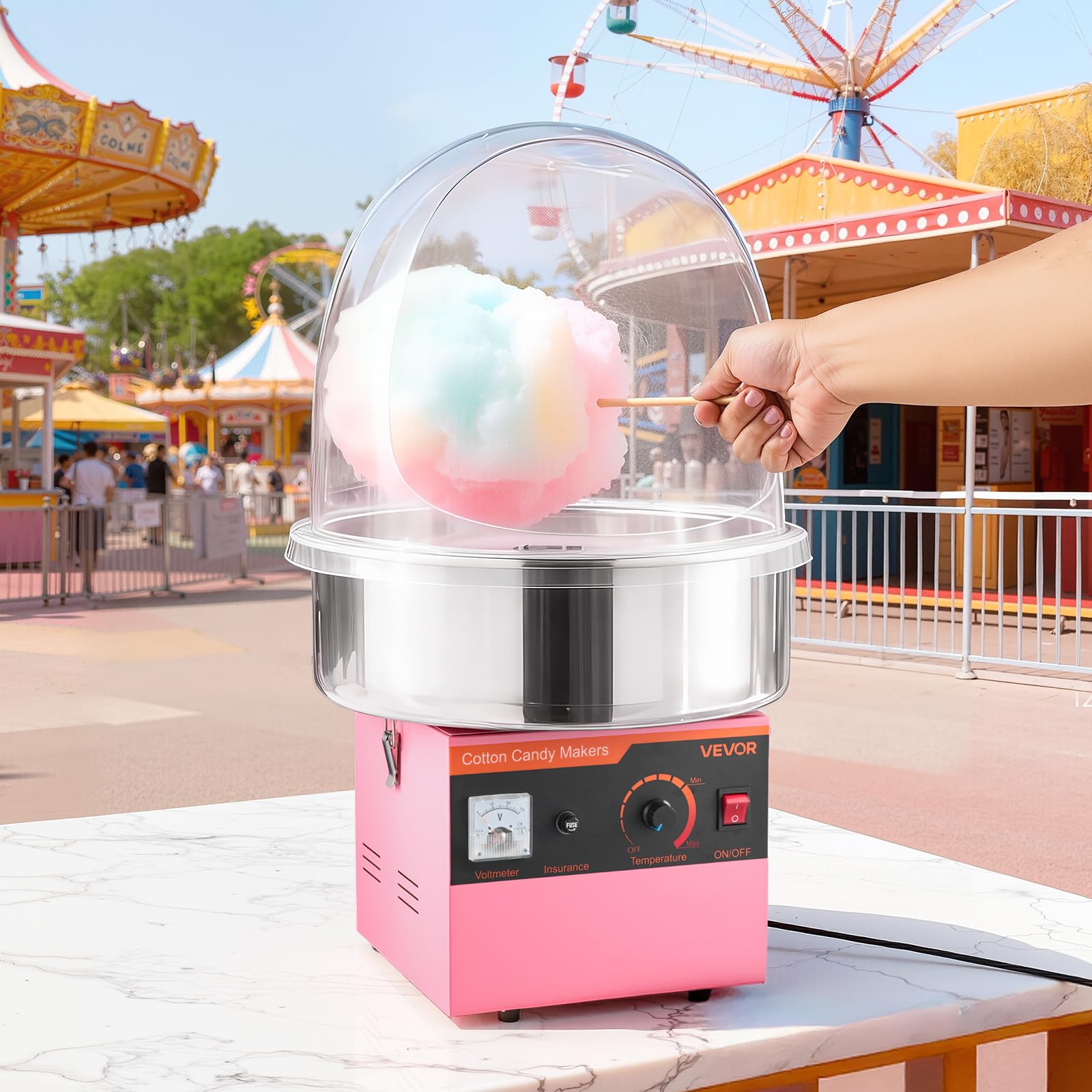 VEVOR Máquina Eléctrica de Algodón de Azúcar 1000 W, Máquina para Hacer Algodón de Azúcar con Tapa, Recipiente de Acero Inoxidable y Cuchara para Azúcar, para Carnavales, Cumpleaños, Fiestas, Rosa