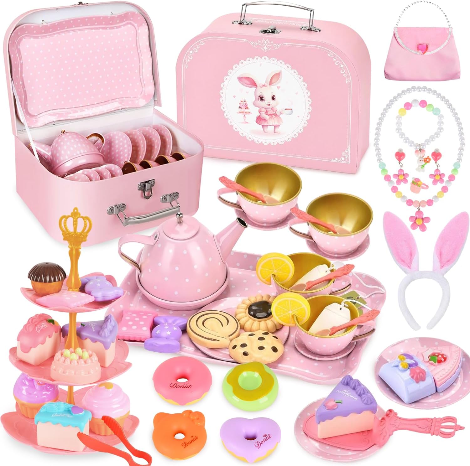 Tea Party Set for Little Girls 3-8, Tea Time Toys Including Tea Set Dessert Carrying Case, Princess Jewelry, Kitchen Pretend Play Toys Tea Set for Girls Birthday (Pink)