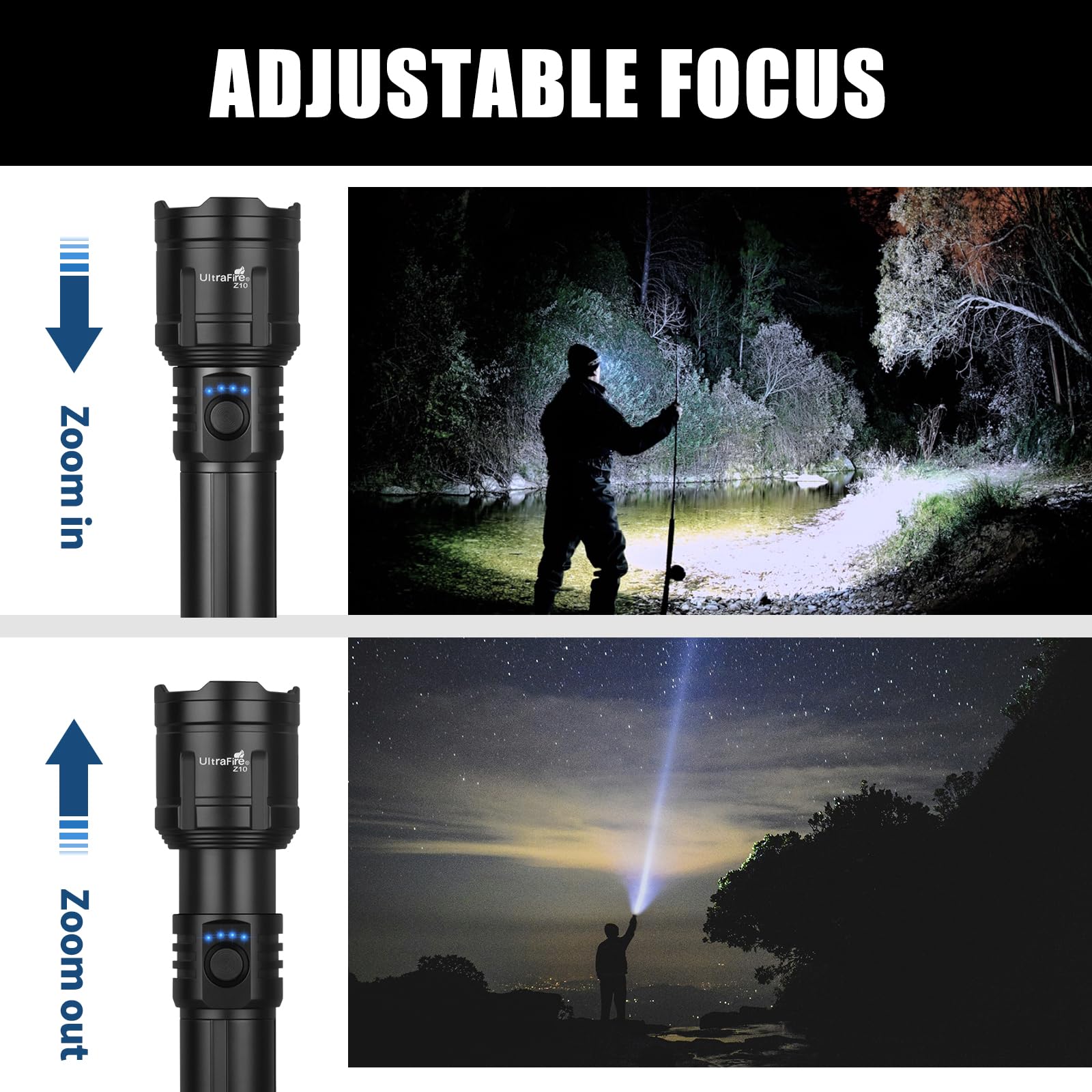 ULTRAFIRE Torcia ad alta luminosità con lente di accensione, 1500 lm, super luminosa, zoomabile, torcia tattica con fondina, ricarica inversa, 3 modalità, luce LED ricaricabile per campeggio