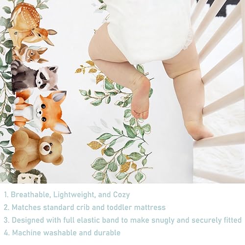 Miniatura 6 de Sábanas para cuna de bebé, diseño de animales del bosque, hojas de eucalipto, 52 x 28 pulgadas, oso, mapache, zorro, ciervo, conejo, erizo,