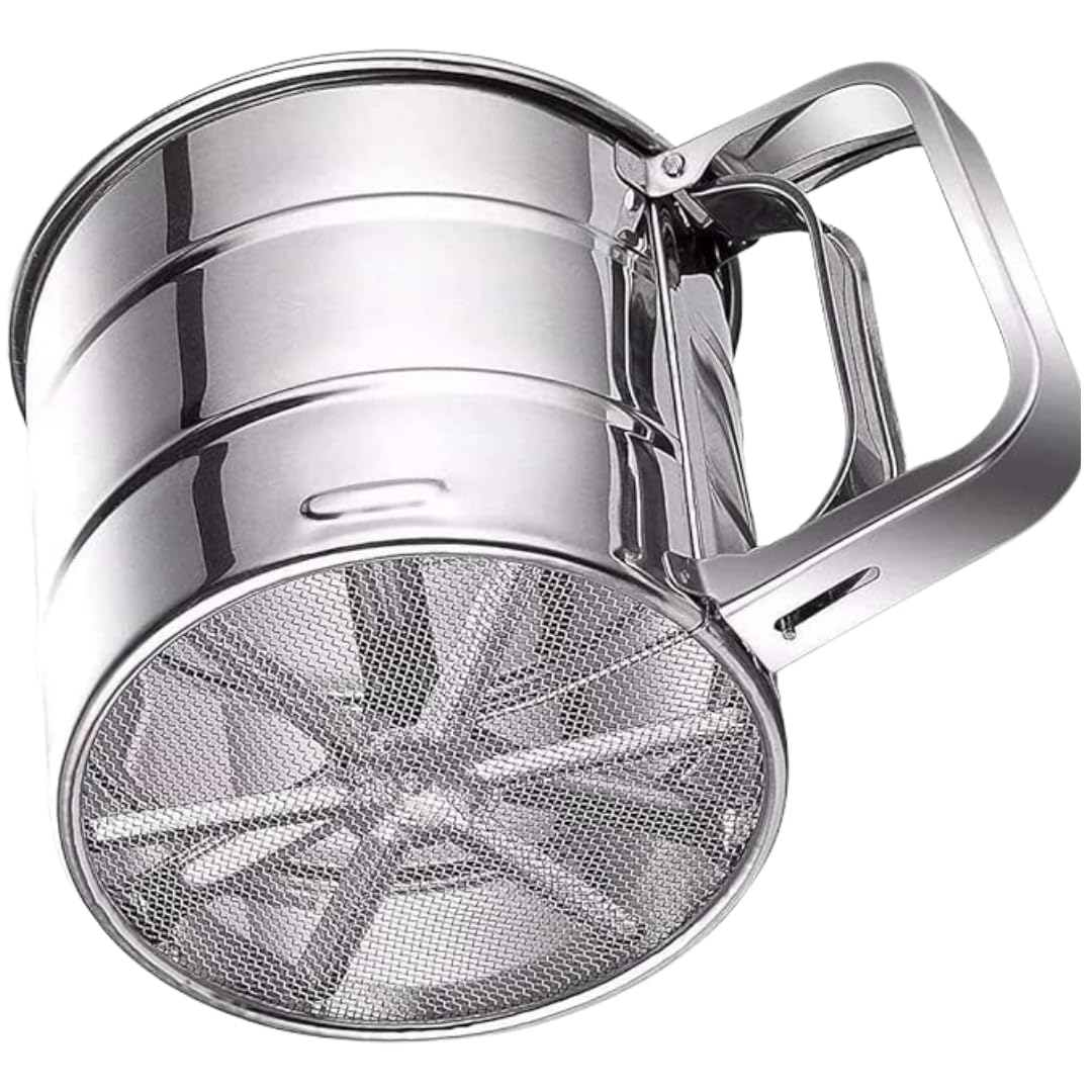 Stainless Steel Manual Flour Sifter Cup | Atta Chalni Steel for Kitchen | Flour Sifter Cup & Atta Channi | Wheat Strainer | Baking Essential Items | Flour Strainer Stainless Steel