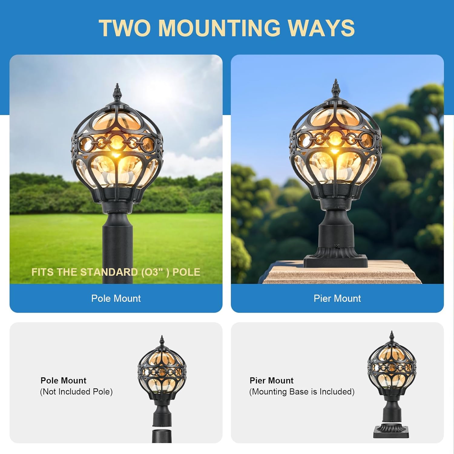 Outdoor Lamp Post Lights, Aluminum Rust-Proof Globe Post Light for Porch Front Door Driveway Lawn Garden, Black Sphere Exterior Pillar Post Light, Hardwired 3" Pier Mount Post Lantern