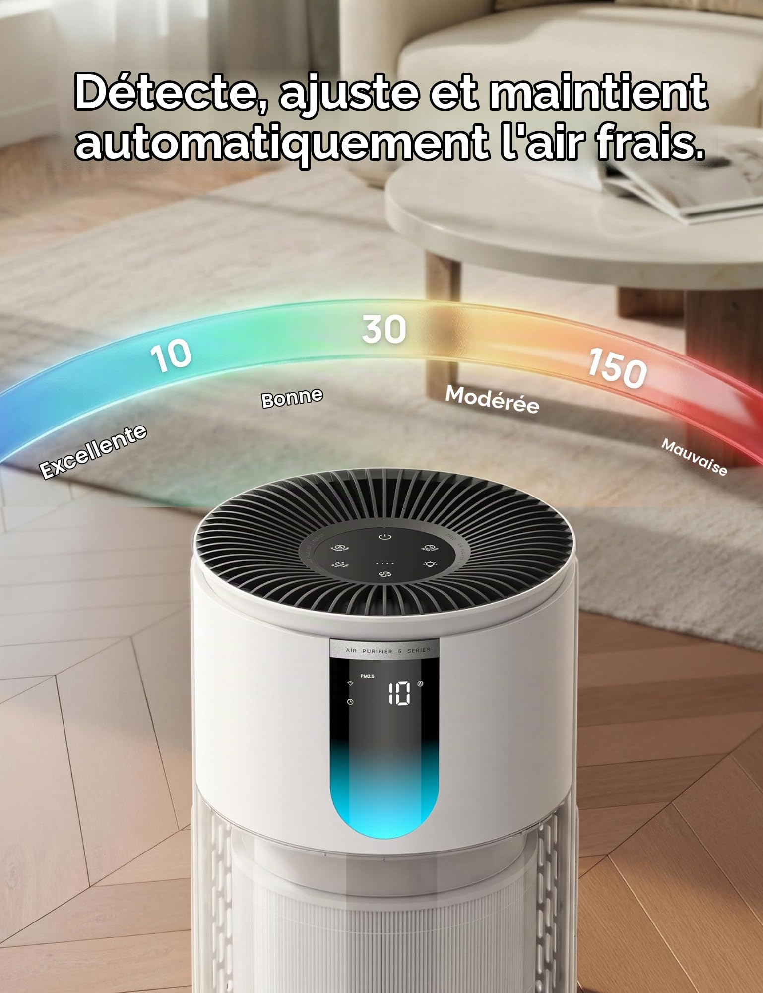 DREO Purificateur d'air pour chambre jusqu'à 55 m², contre odeurs, pollen et fumée, certifié AHAM, filtre HEPA 3-en-1, capteur PM2.5, moniteur de qualité de l'air, 18 dB, Wi-Fi, compatible Alexa