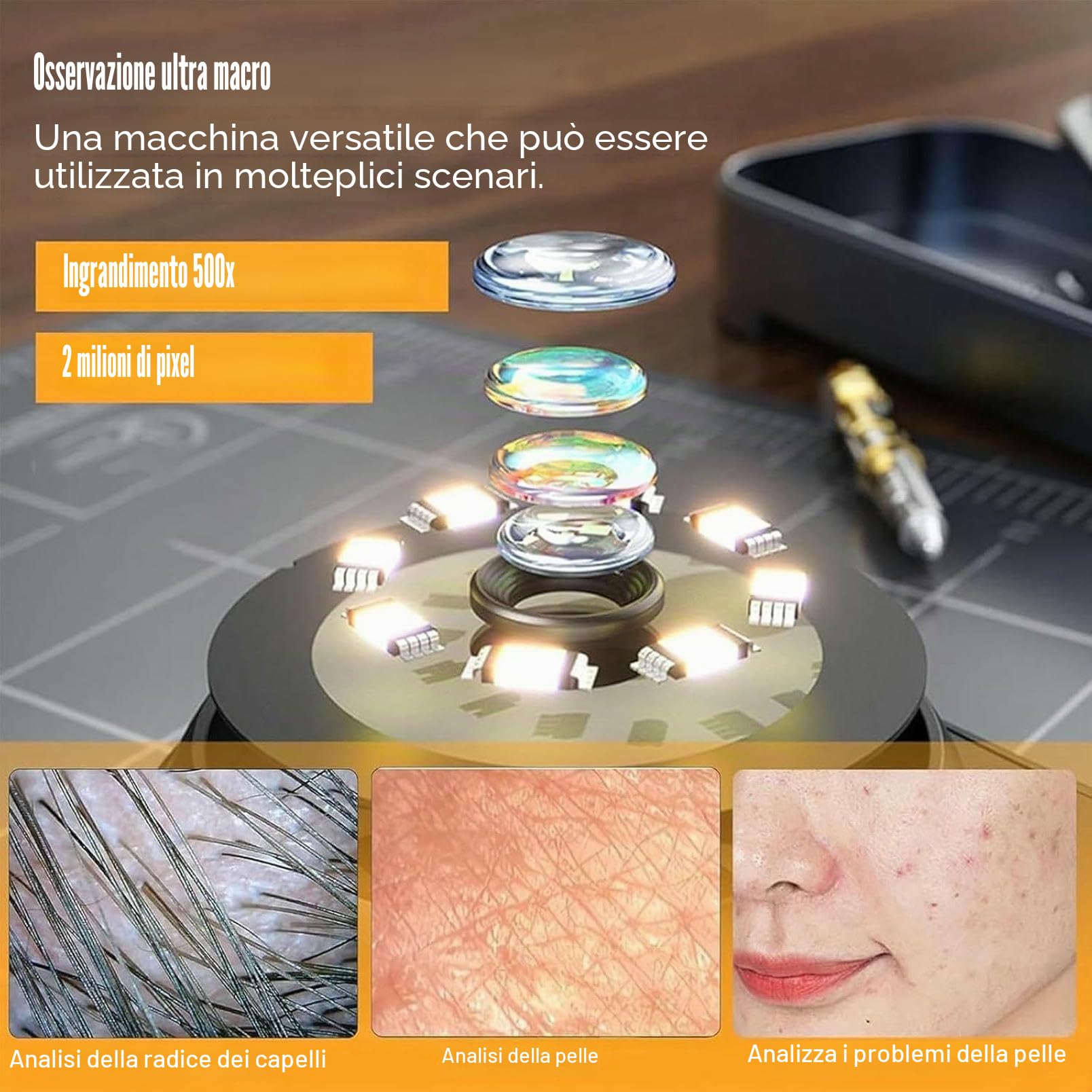 Analizzatore Cutaneo Dermatoscopio Portatile, con Schermo 1080P E 8 LED, Microscopio Digitale Wireless con Lente d'Ingrandimento 500X per Cuoio Capelluto E Pelle del Viso